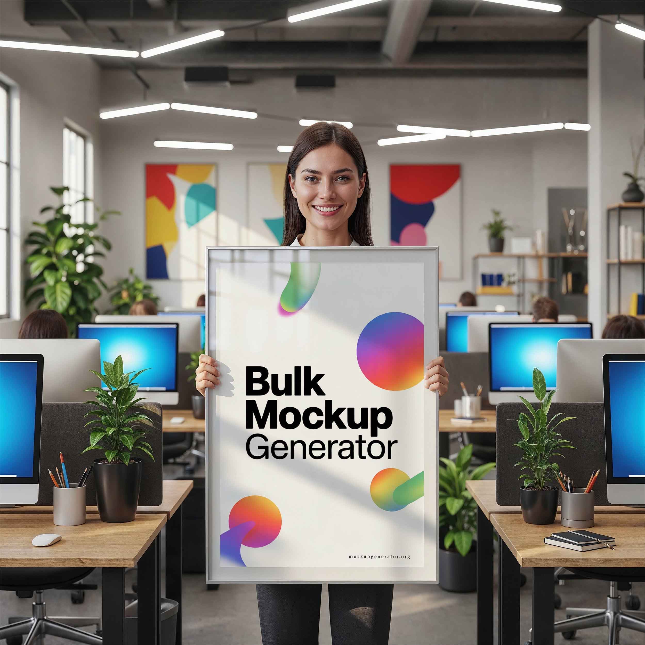 Office large poster frame - woman holding a poster poster mockup preview