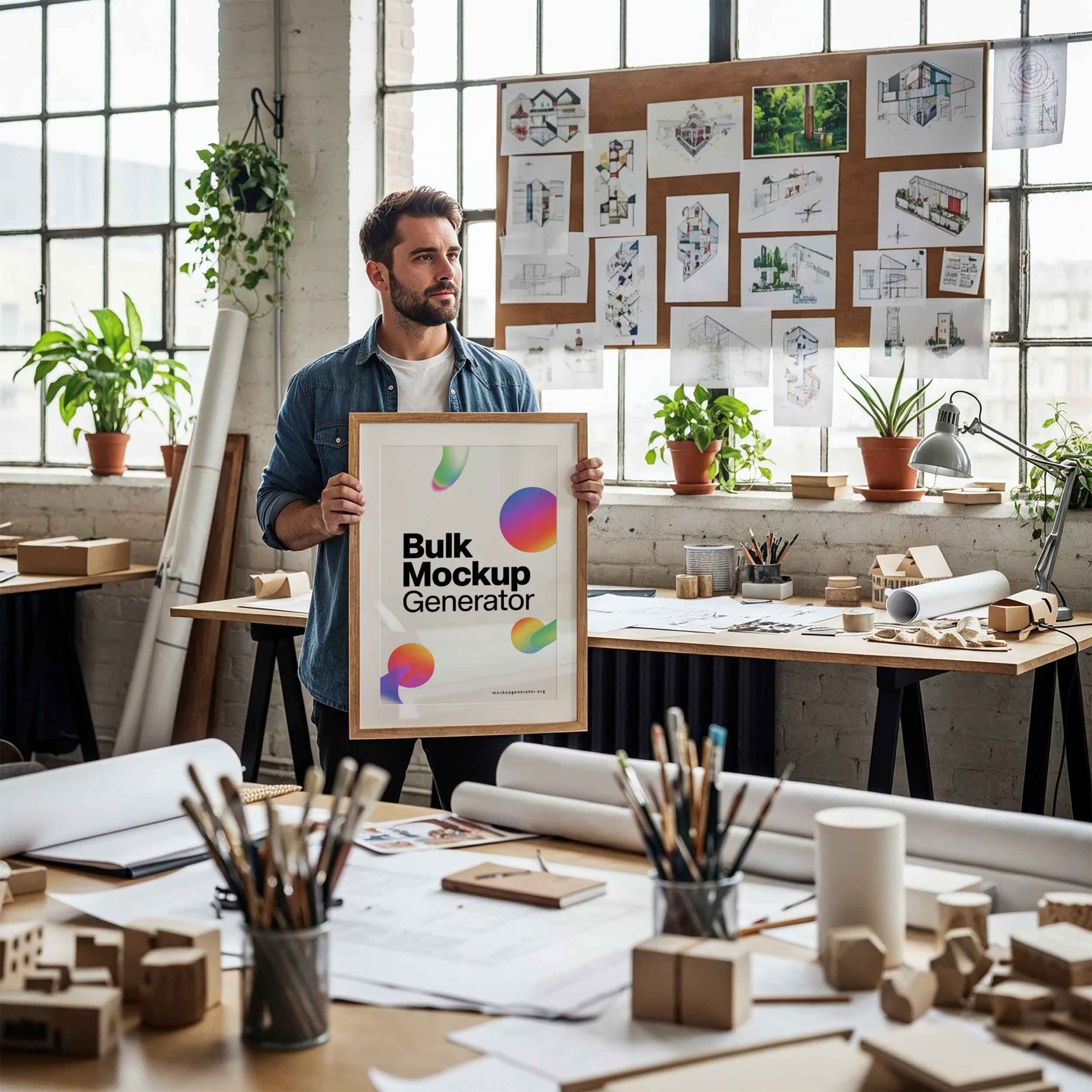 Man holding a poster frame in a office poster mockup preview showing an office interior