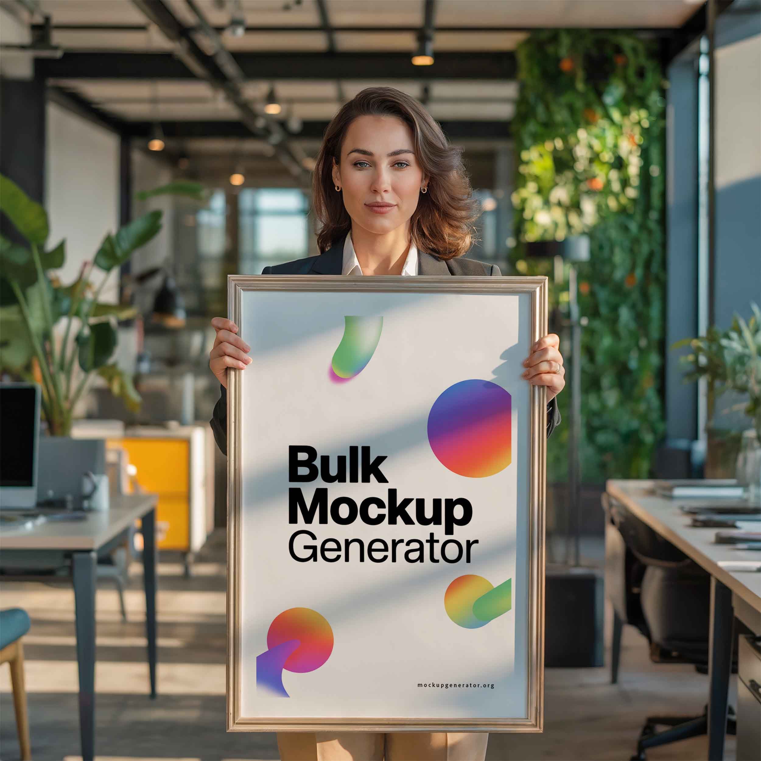 Woman holds poster frame in office  poster mockup preview