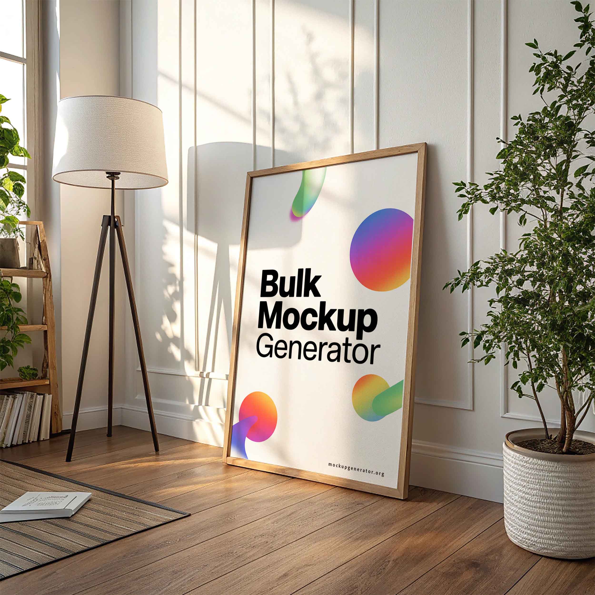 Thin bezel poster frame in living room poster mockup preview showing a styled living room