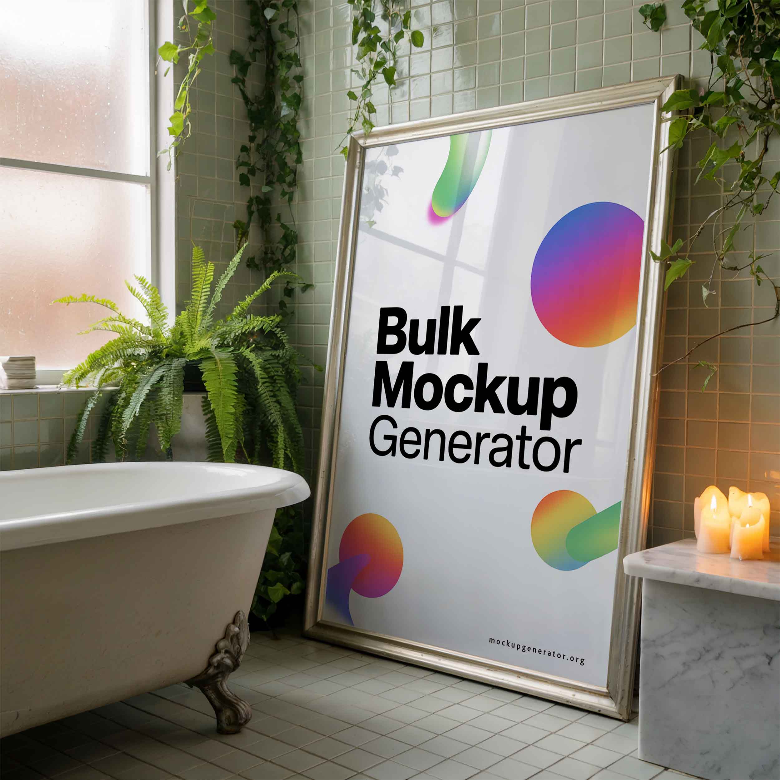 Poster in a bathroom with candles poster mockup preview showing a styled bathroom
