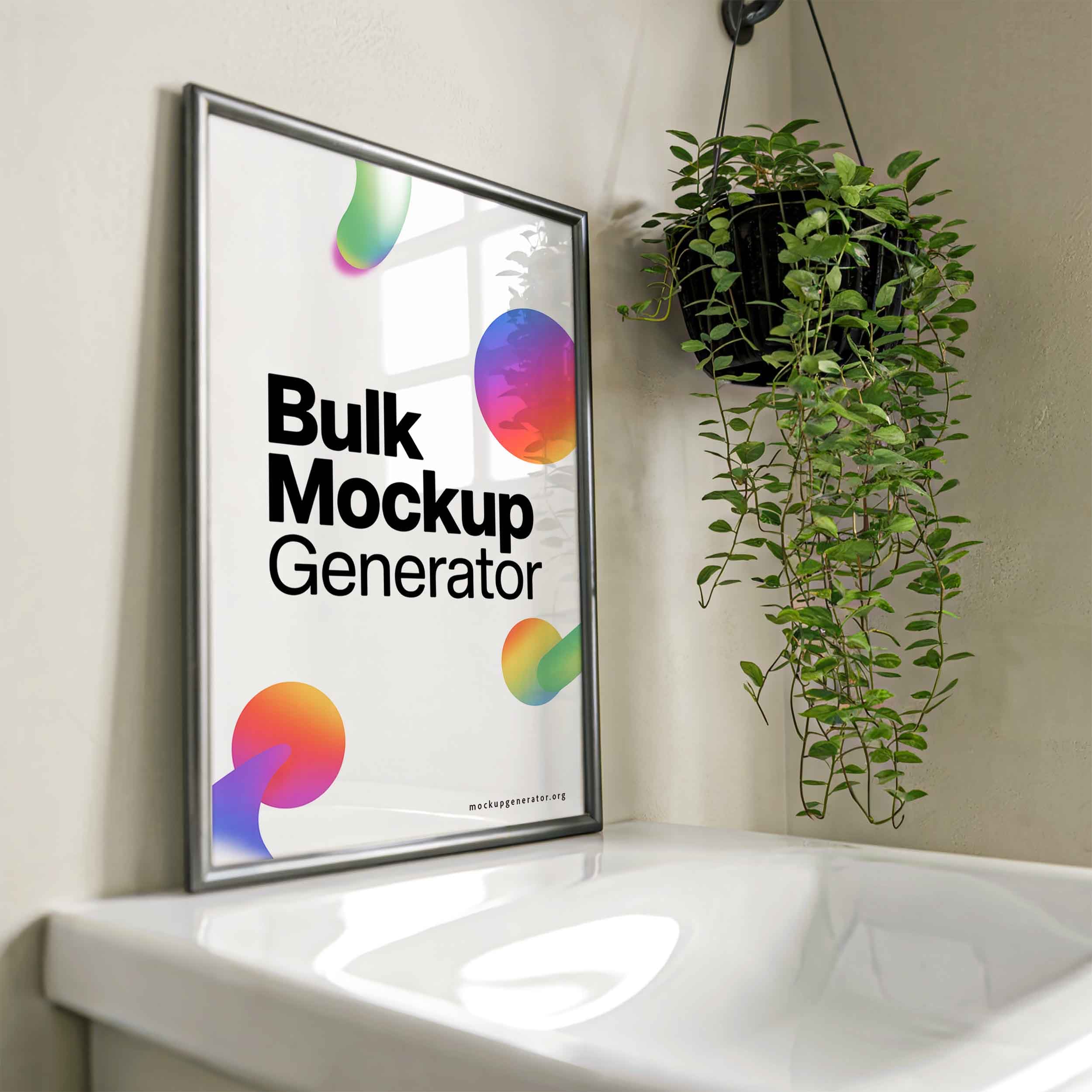 Framed poster in a bathroom near the sink poster mockup preview showing a styled bathroom