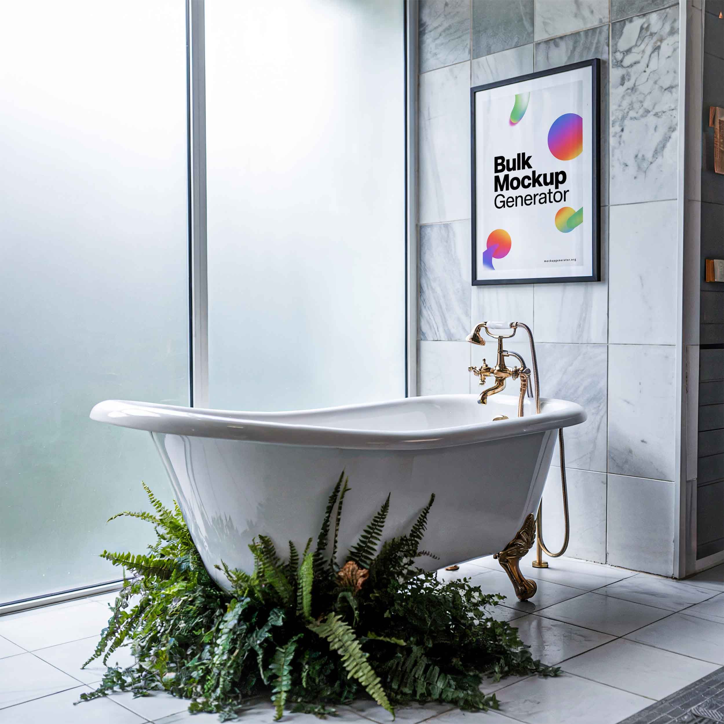 Framed poster in a modern bathroom poster mockup preview showing a styled bathroom