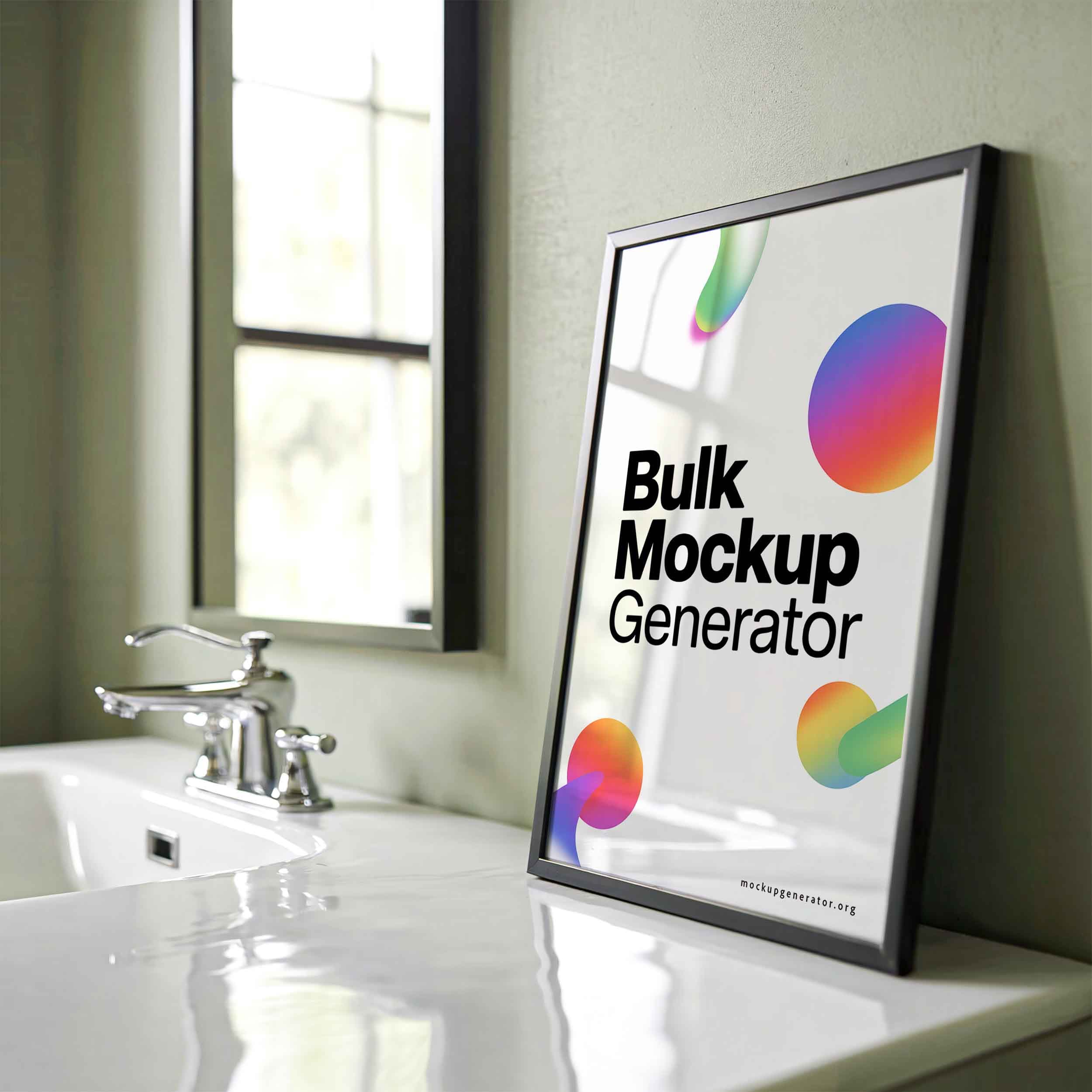 Framed poster in bathroom near the sink and mirror poster mockup preview showing a styled bathroom