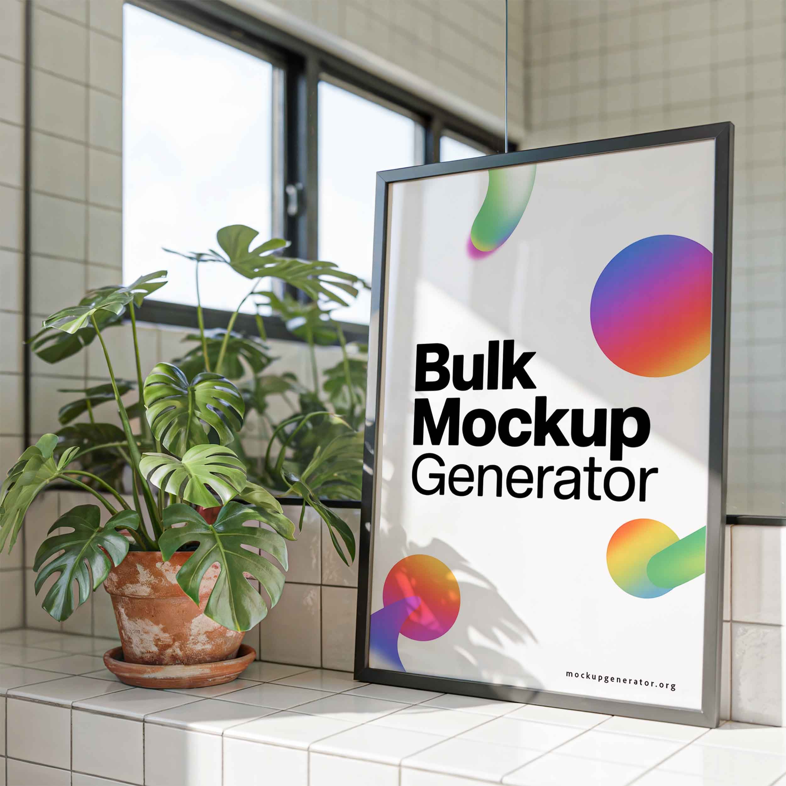 Framed poster in bathroom with monstera poster mockup preview showing a styled bathroom