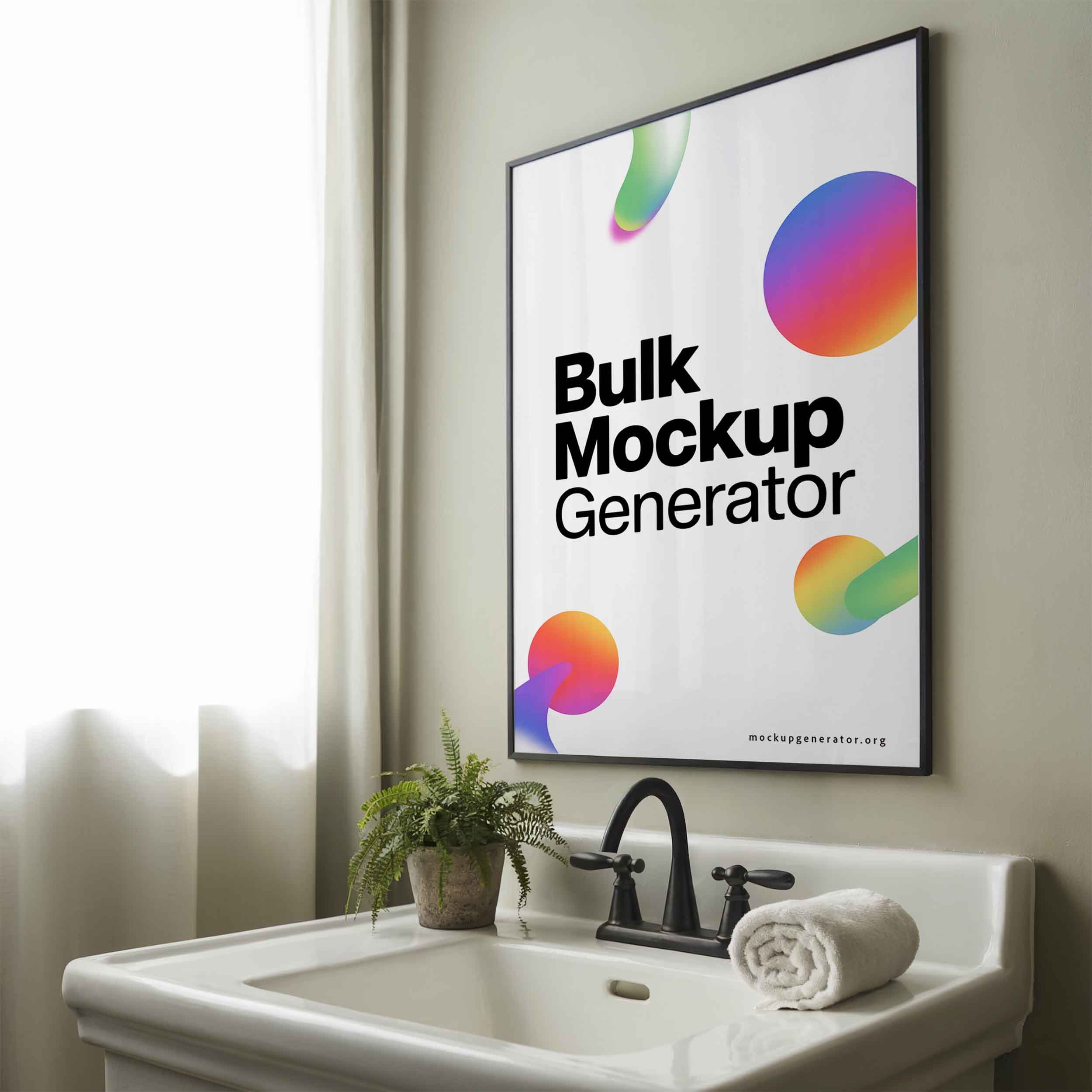 Poster frame in bathroom with small plant poster mockup preview showing a styled bathroom