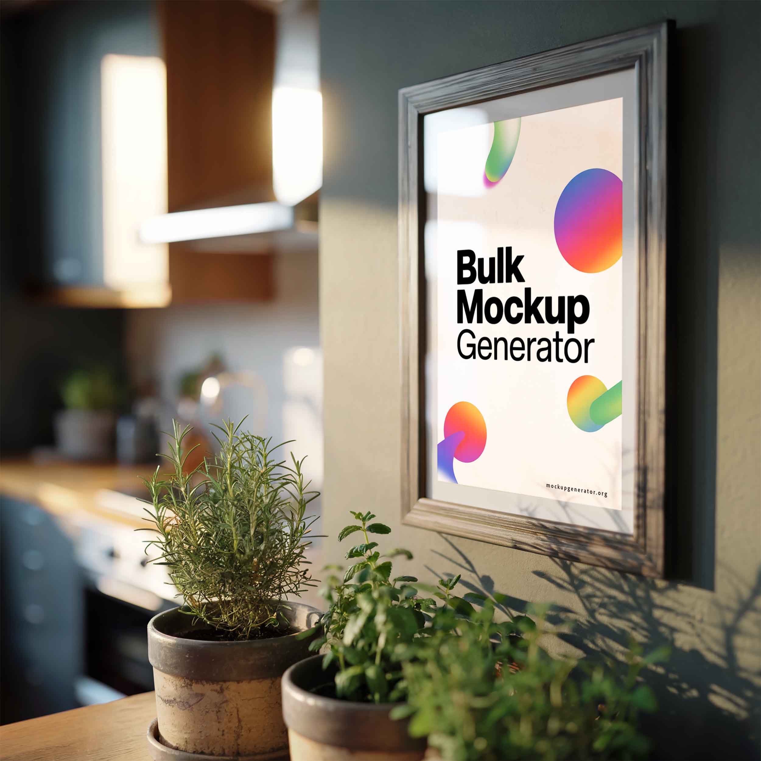 Framed poster in kitchen with greens poster mockup preview showing a styled kitchen