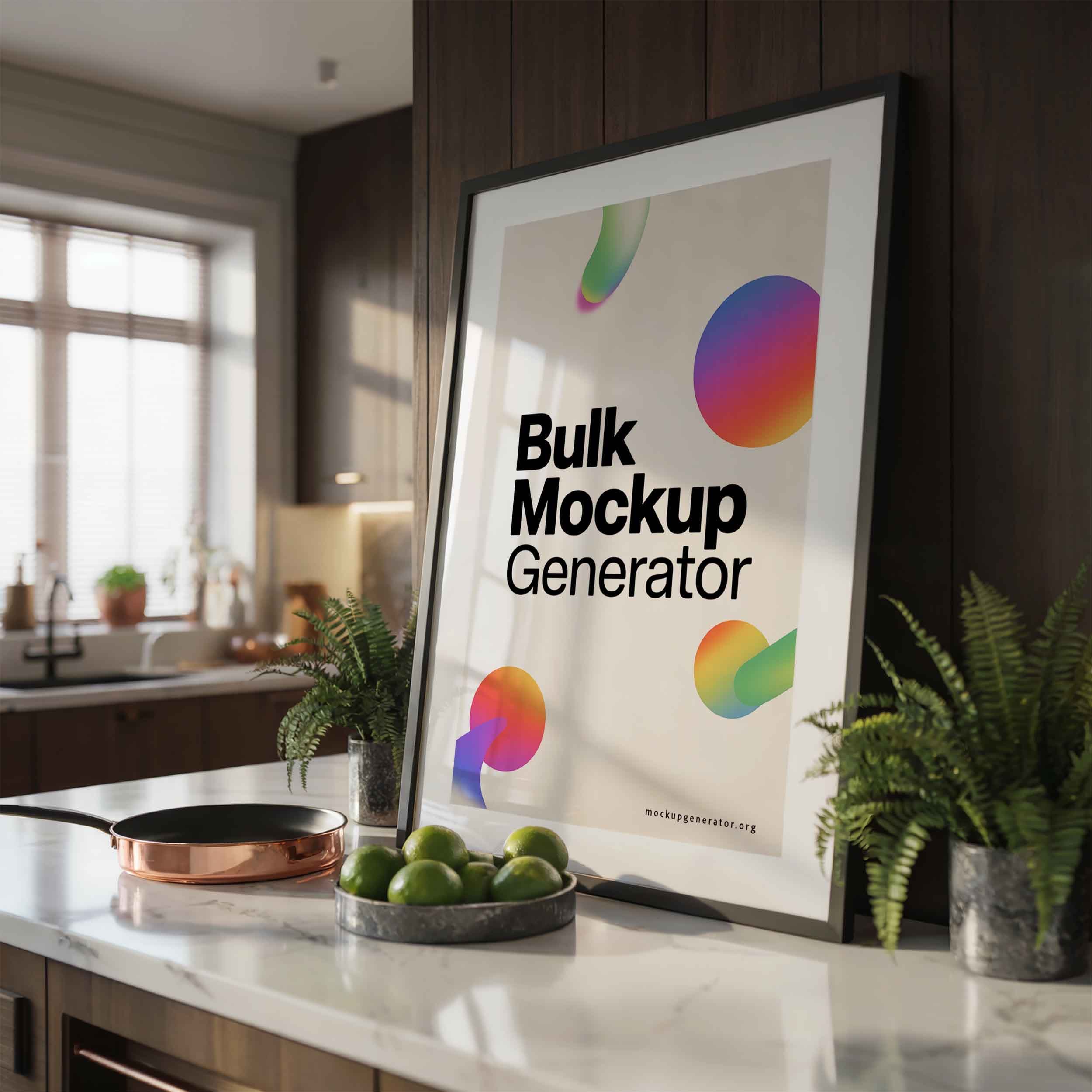Framed poster in modern kitchen with shadows poster mockup preview showing a styled kitchen