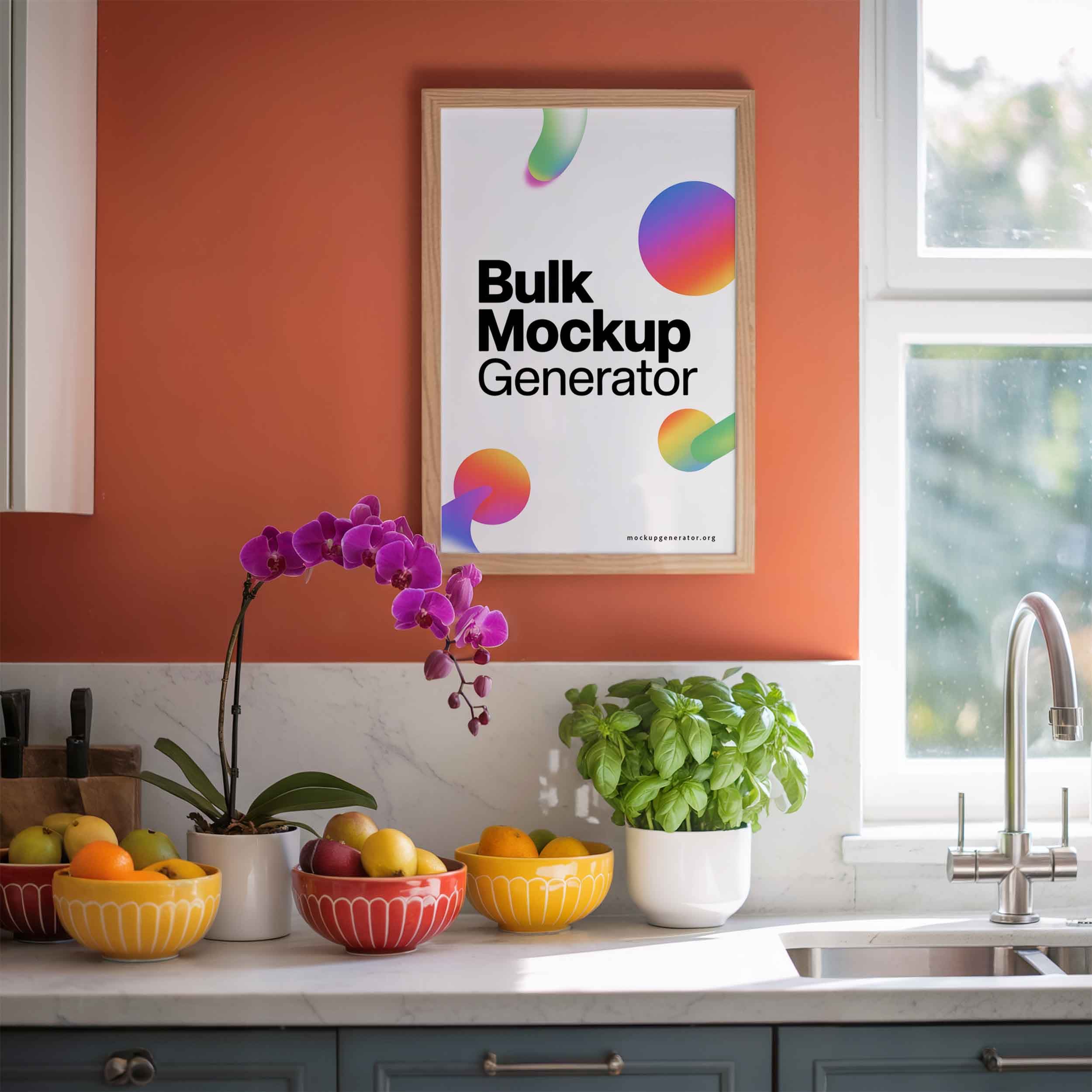 Kitchen Classic poster with fruits on table poster mockup preview showing a styled kitchen