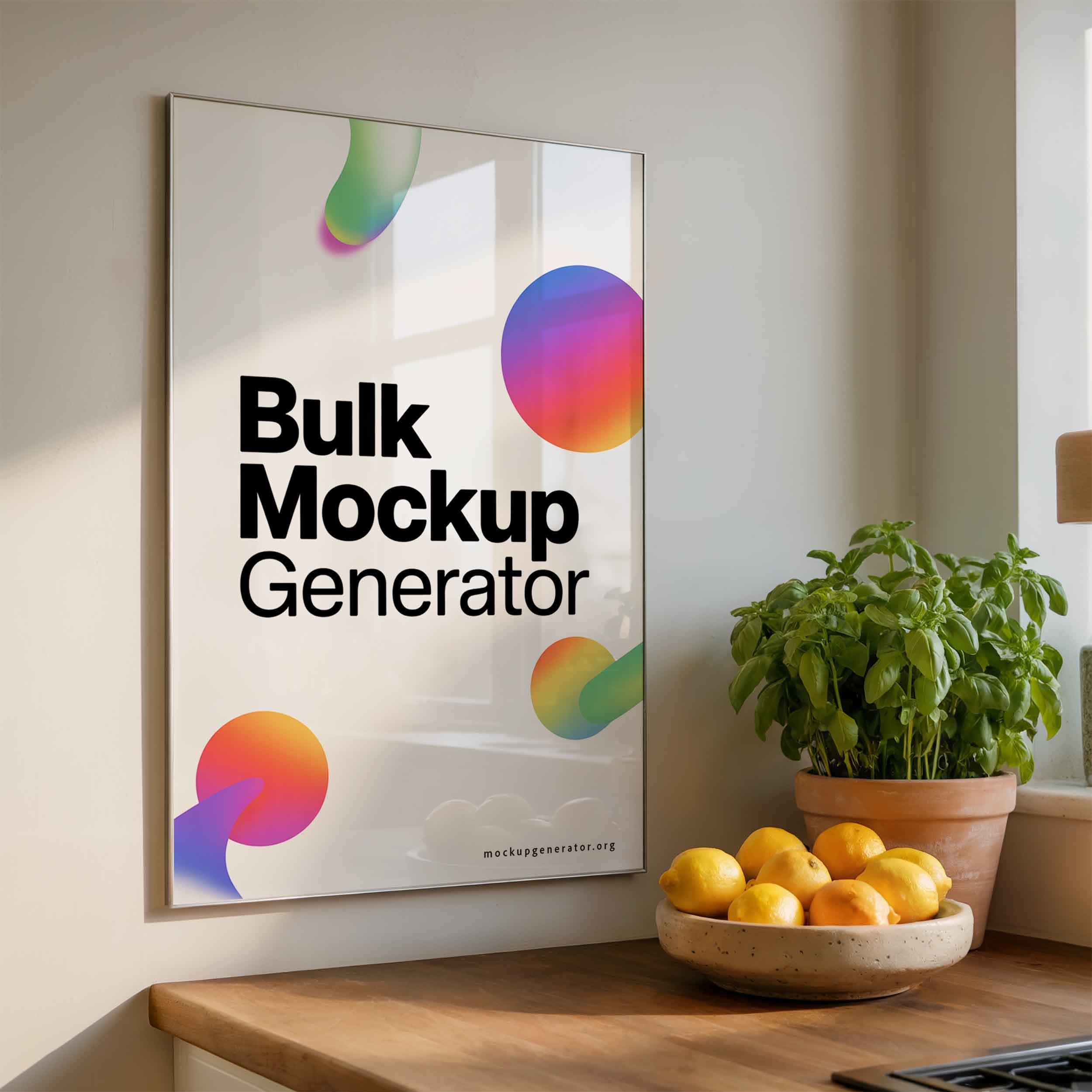 Kitchen poster template with basilic  poster mockup preview showing a styled kitchen