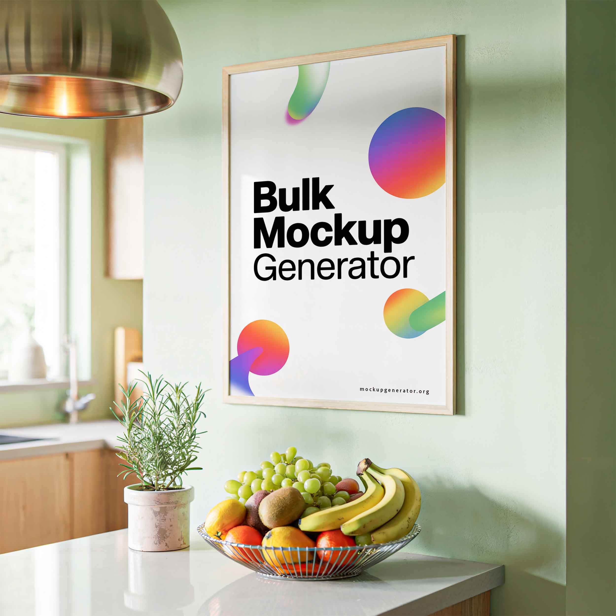 Modern kitchen poster template with fruits on table poster mockup preview showing a styled kitchen