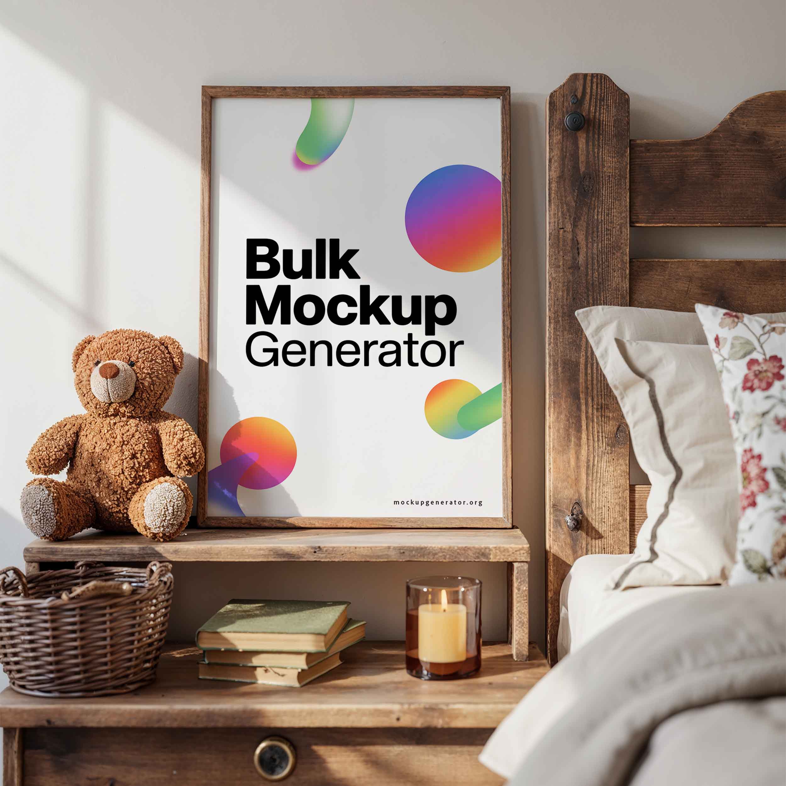 Framed poster in bedroom with Teddy Bear poster mockup preview
