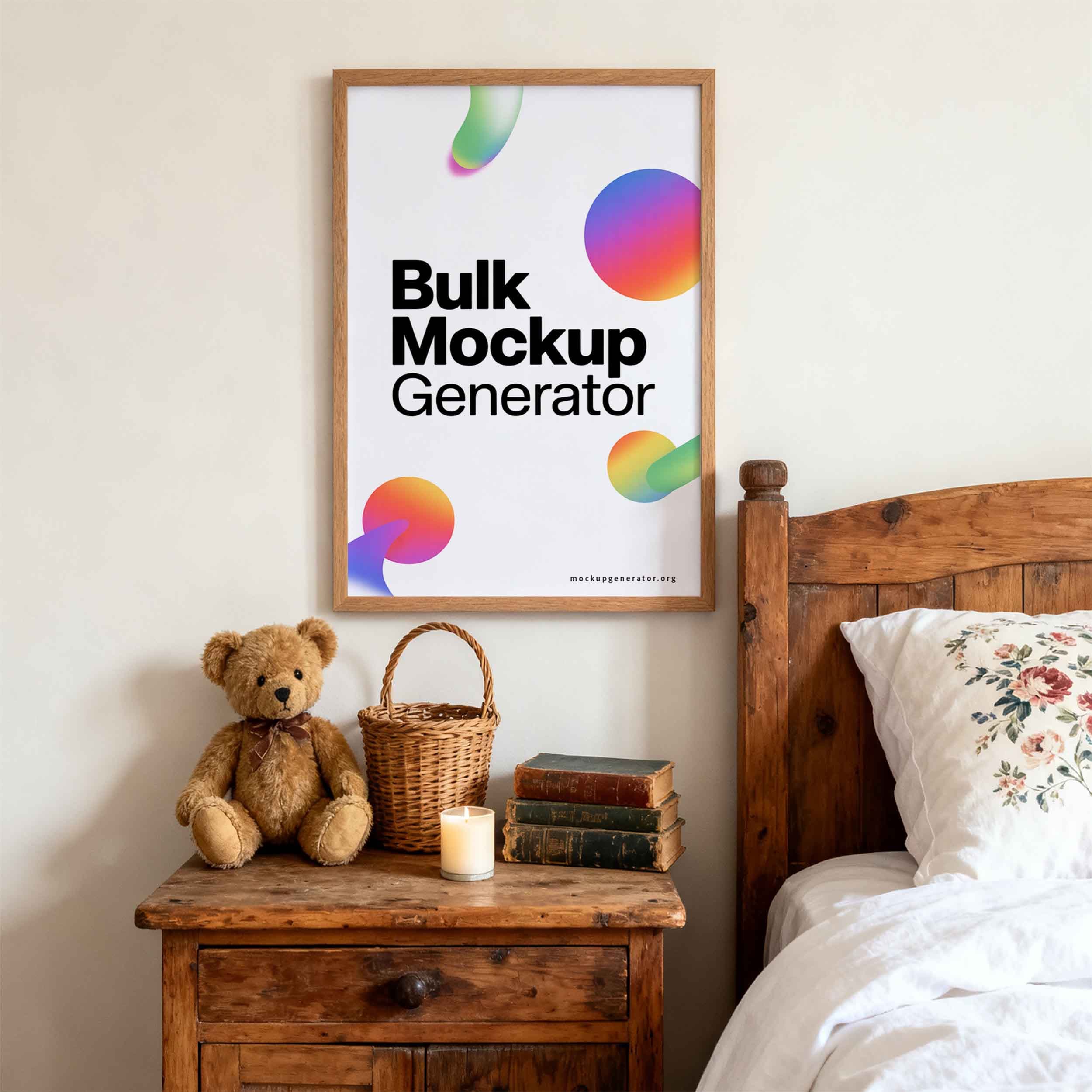 Bedroom poster template with Teddy bear poster mockup preview showing a styled bedroom