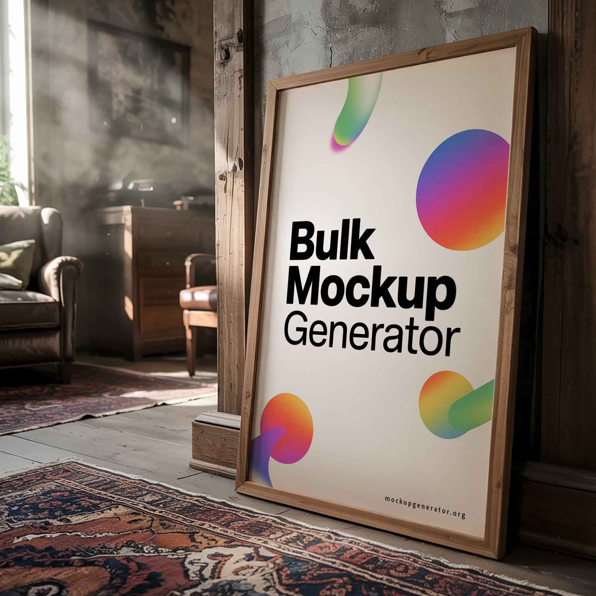 Large wooden poster frame in dark room poster mockup preview