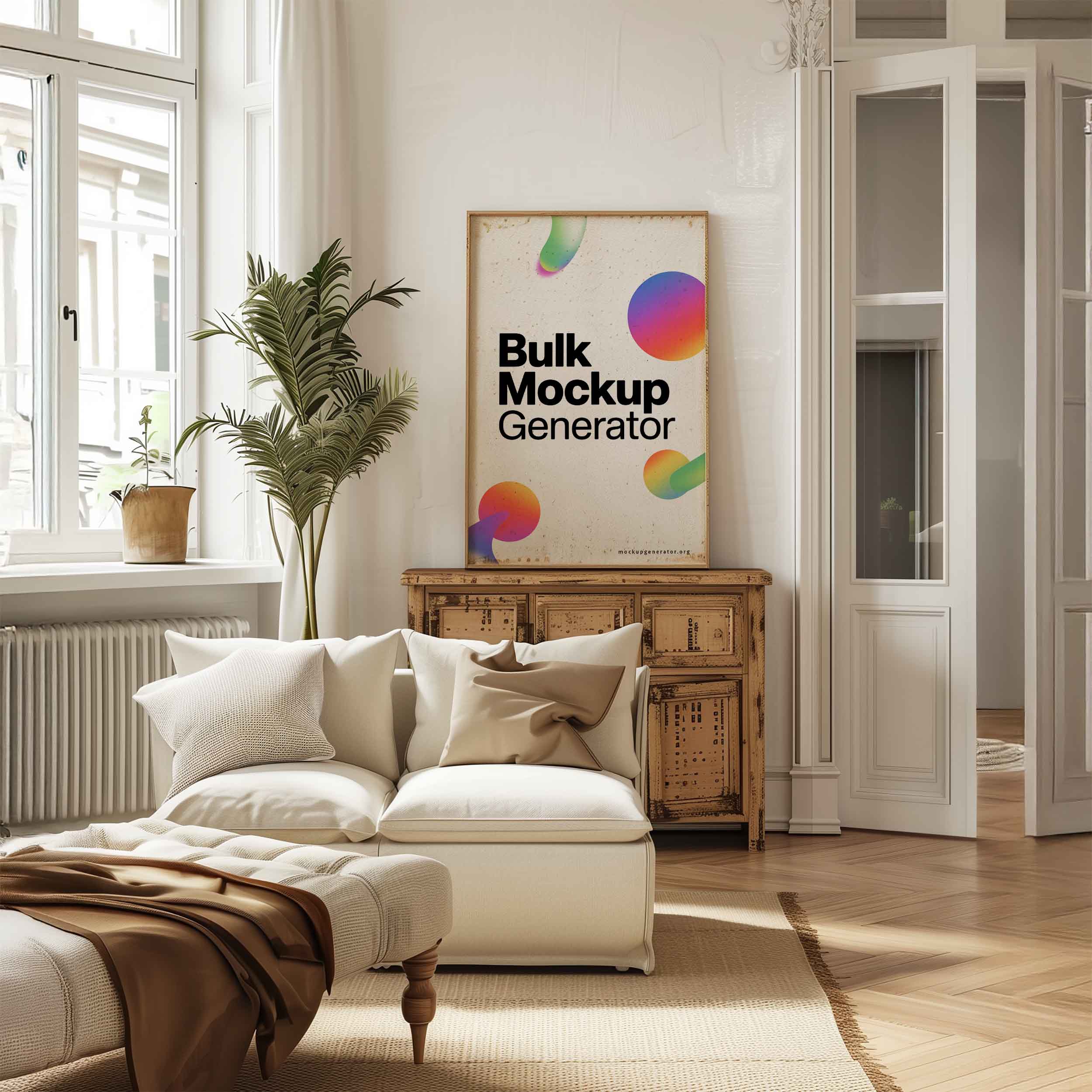 Modern living room poster poster mockup preview showing a styled living room