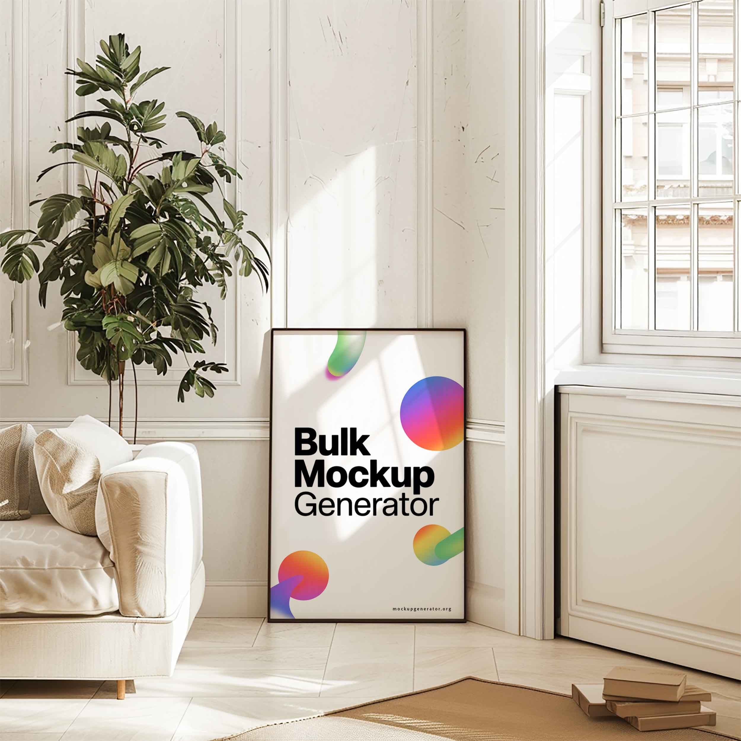 Poster frame in bright modern living room poster mockup preview