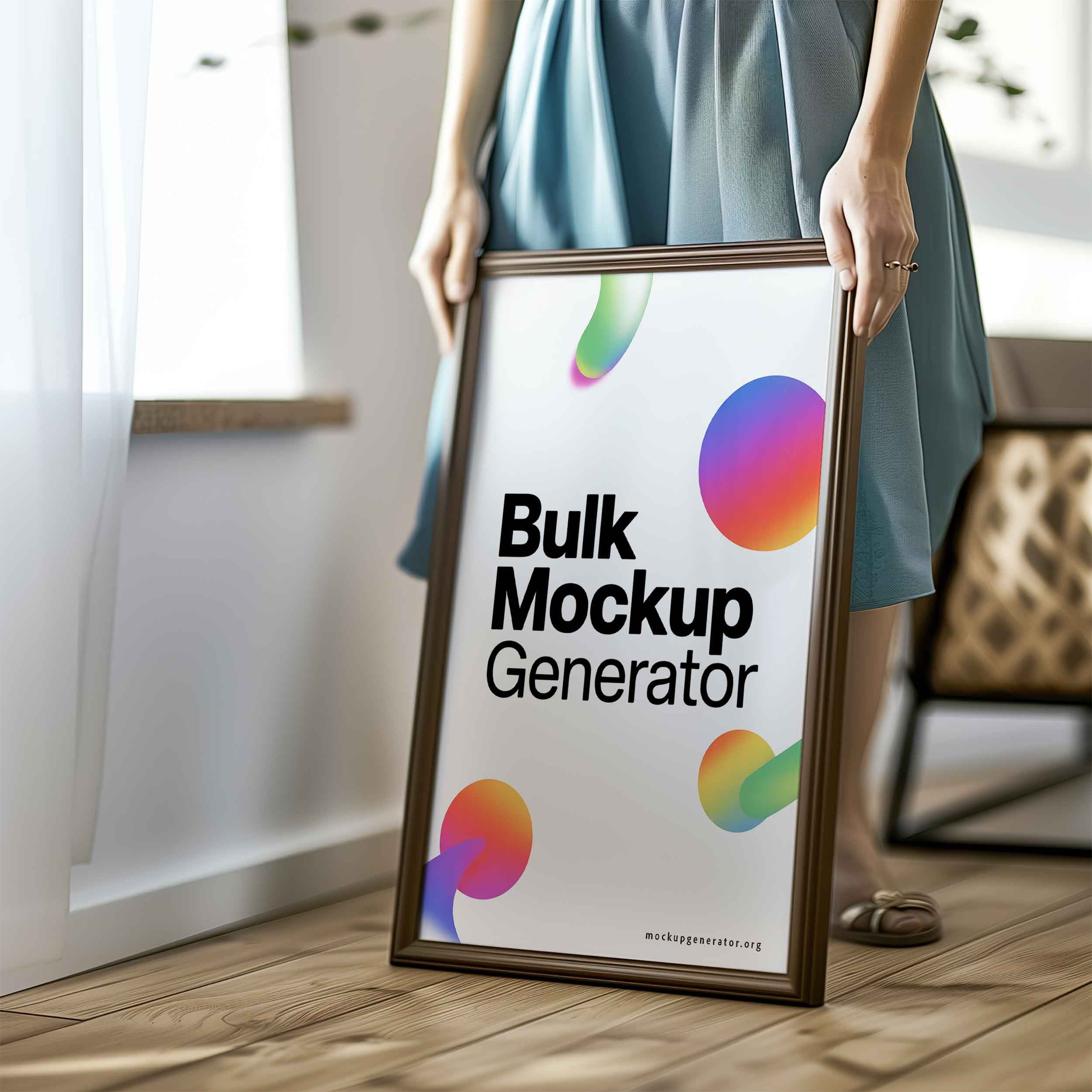 Woman holds poster frame poster mockup preview showing a styled interior