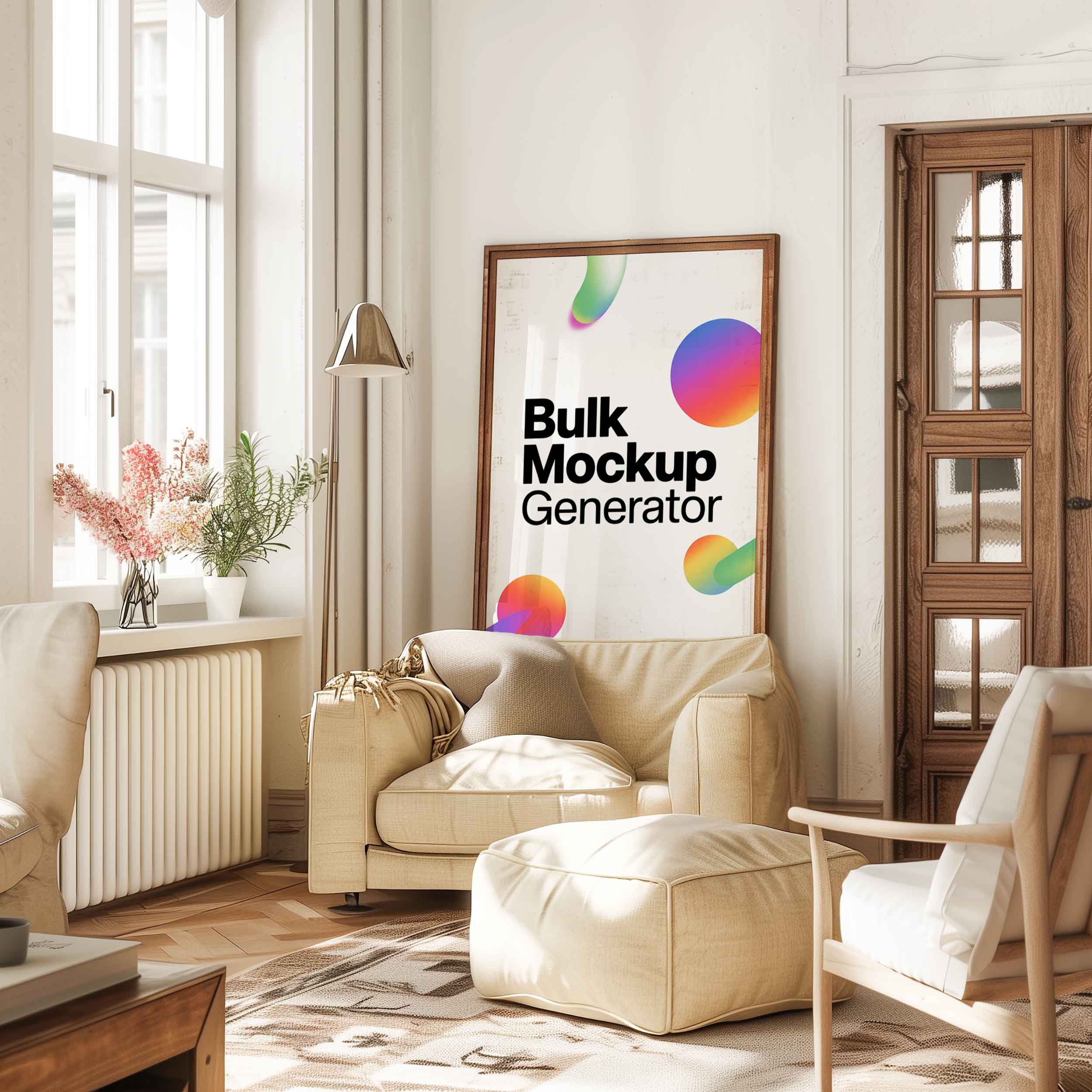 Poster frame in vintage living room poster mockup preview showing a styled living room
