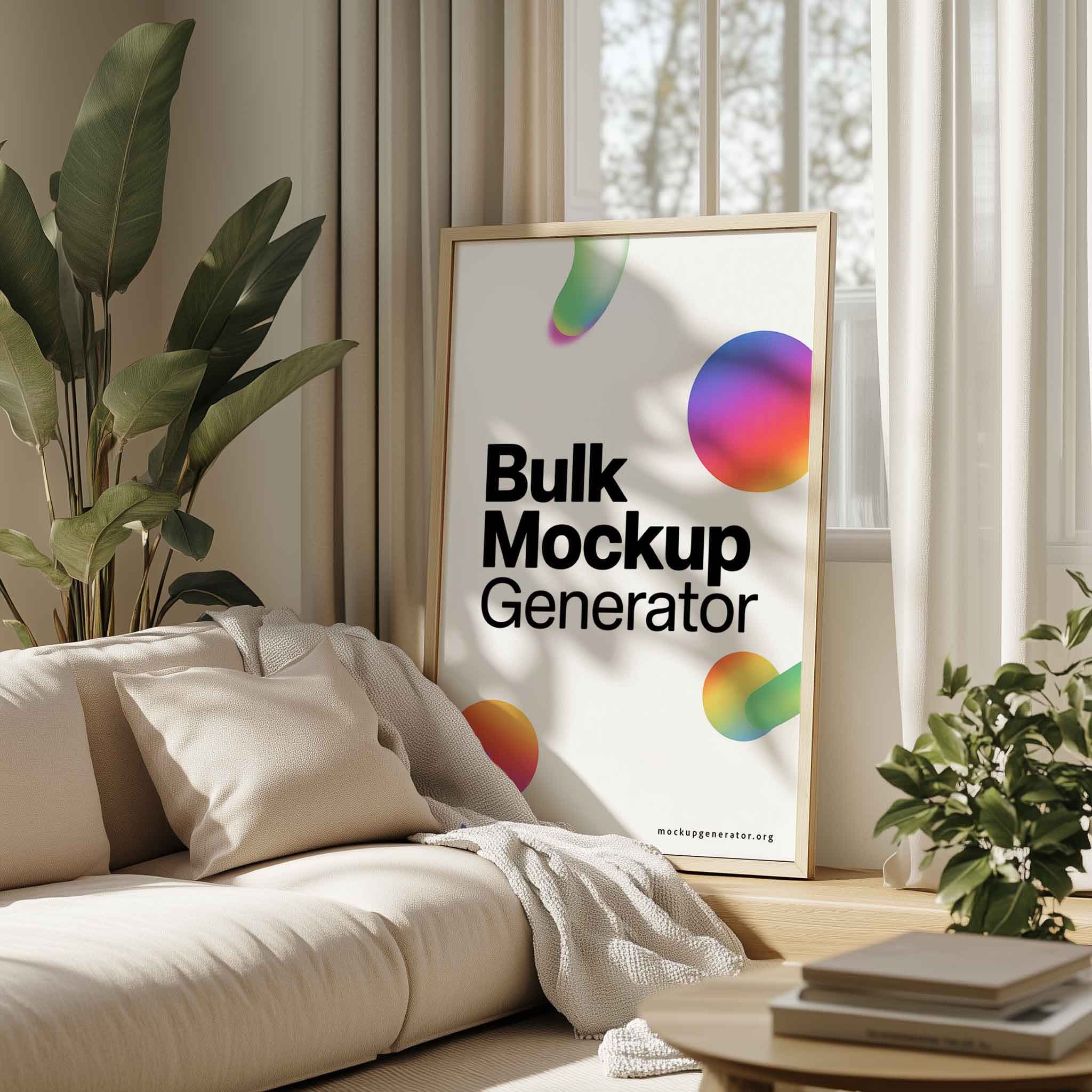 Large poster frame with greens poster mockup preview showing a natural, greenery-led setting