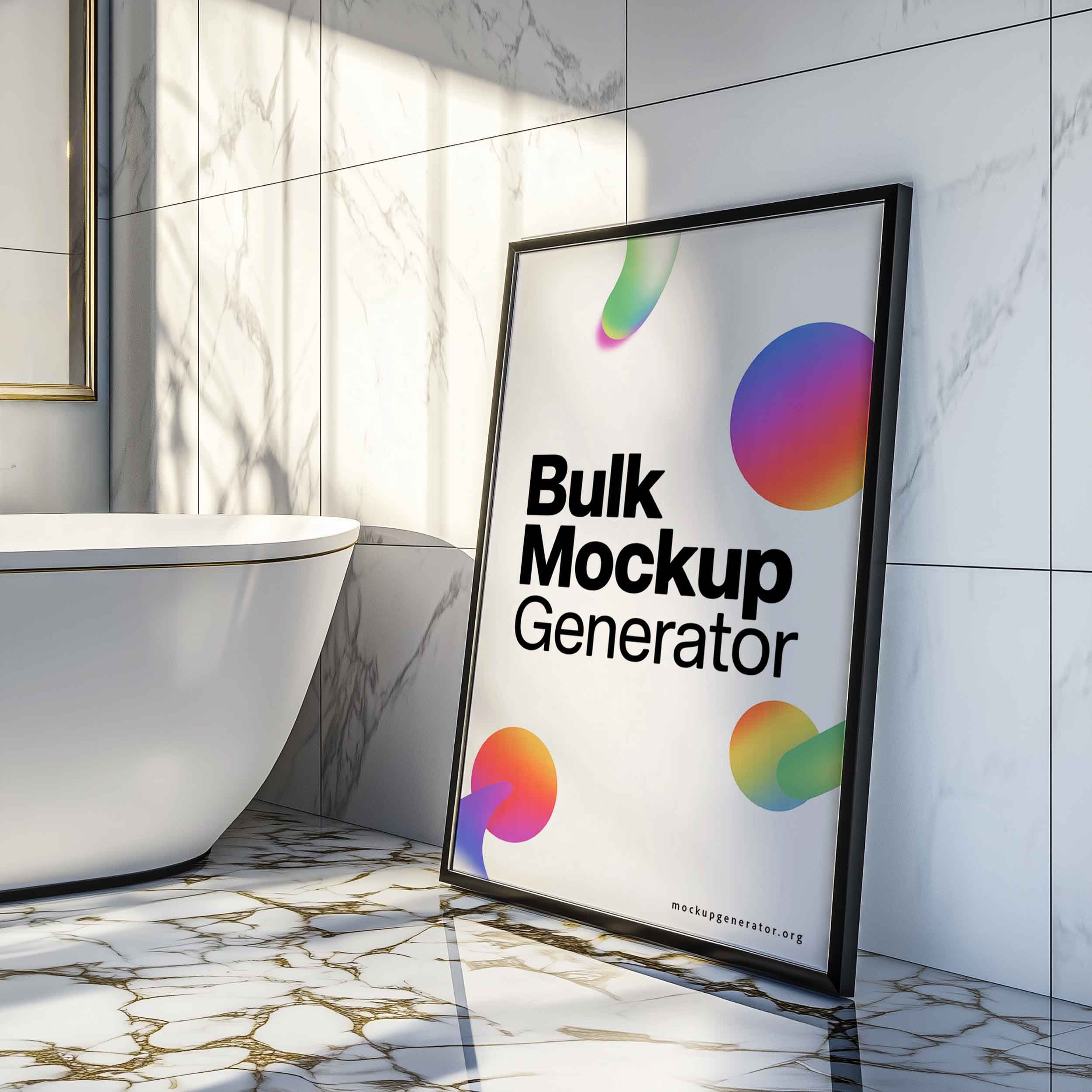 Framed poster in bathroom poster mockup preview showing a styled bathroom
