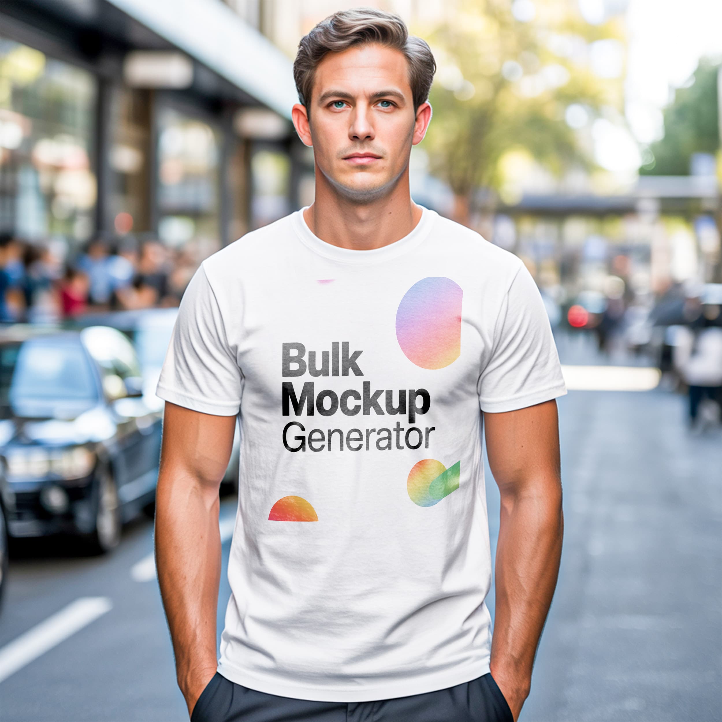 Man in White T-Shirt on City Street t-shirt mockup preview