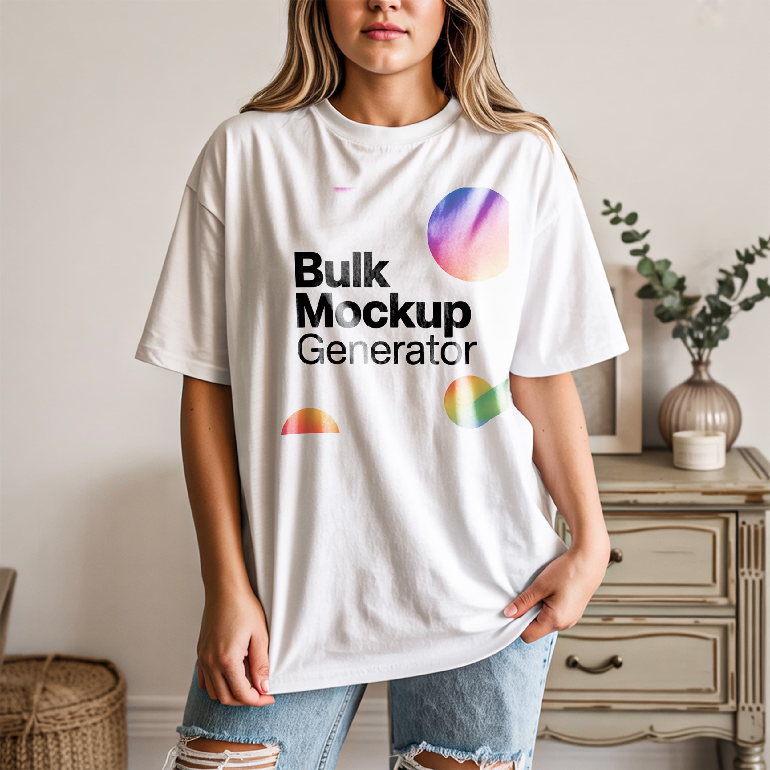 Woman in White Oversized T-Shirt Indoors t-shirt mockup preview