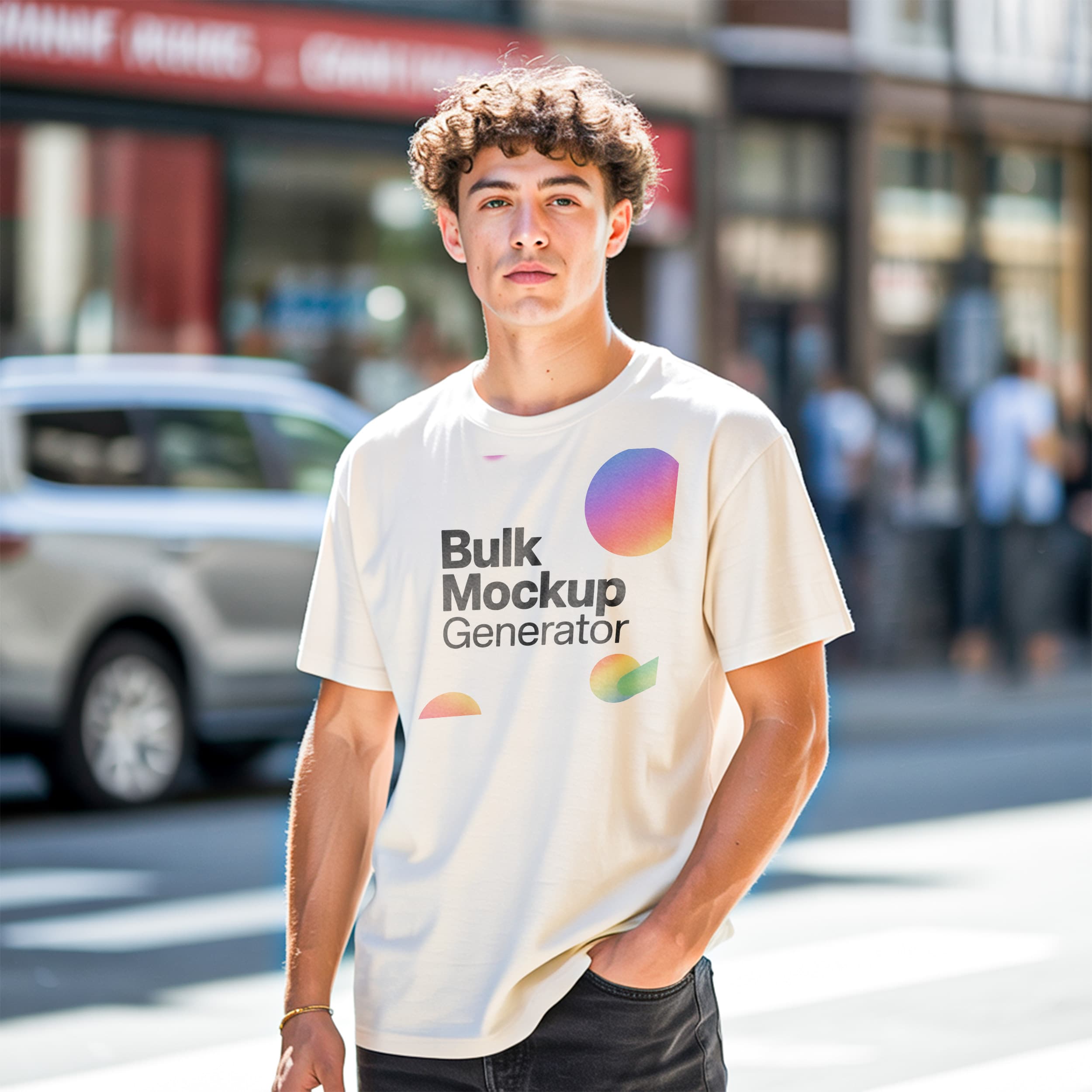 Man in White T-Shirt on City Street t-shirt mockup preview