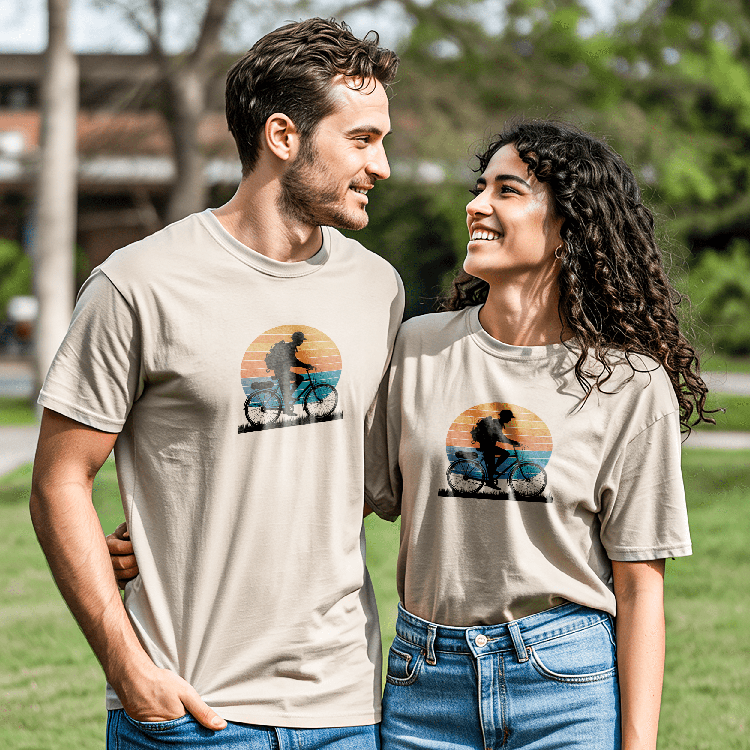 Couple Wearing Matching Beige T-Shirts Outdoors t-shirt mockup preview