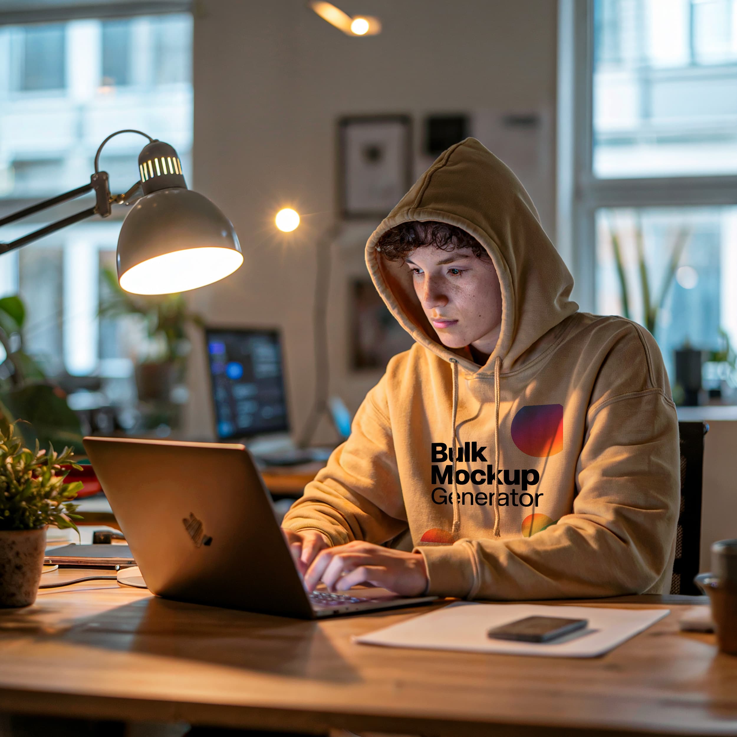 Man in Beige Hoodie Working on Laptop Indoors