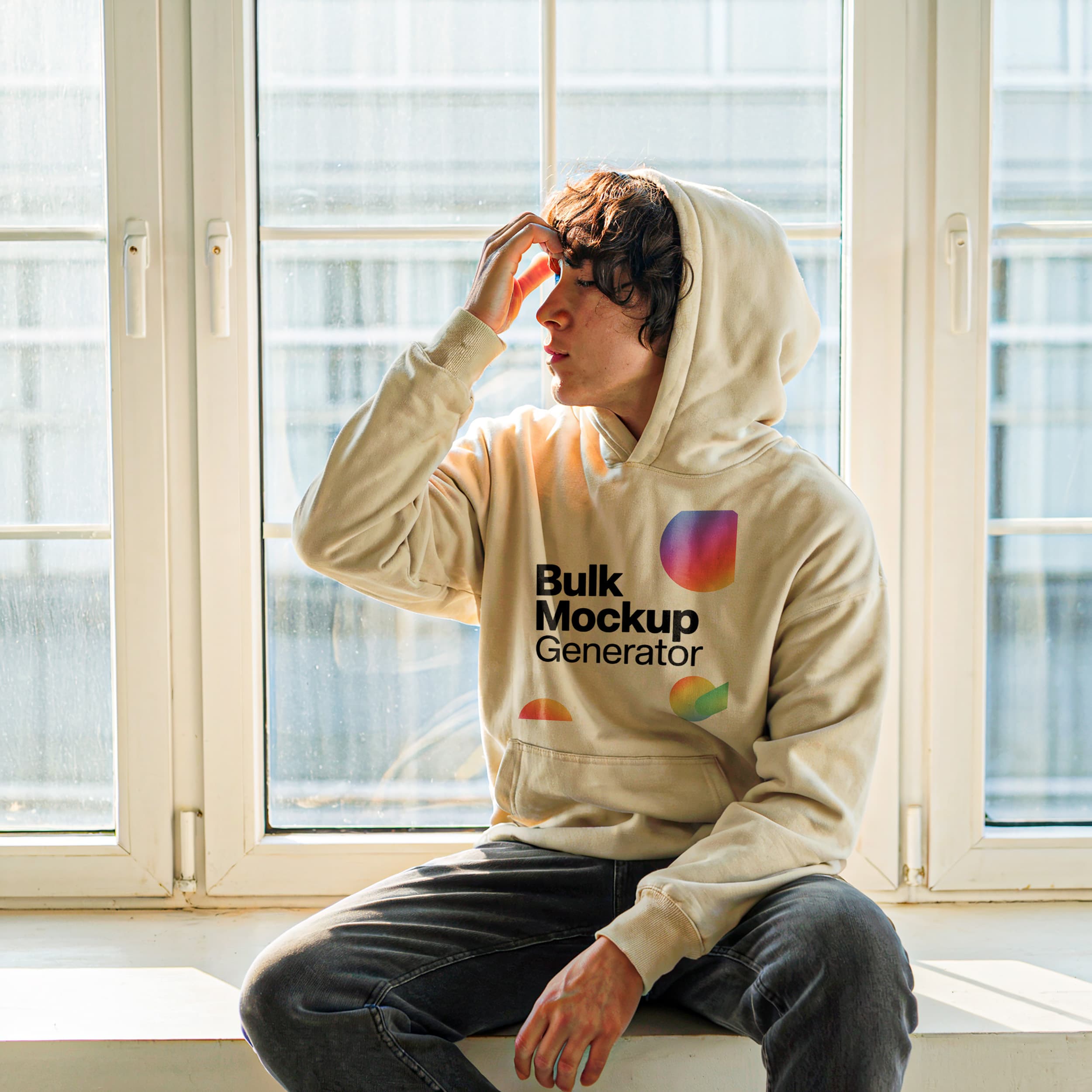  Man Sitting by Window Wearing Beige Hoodie