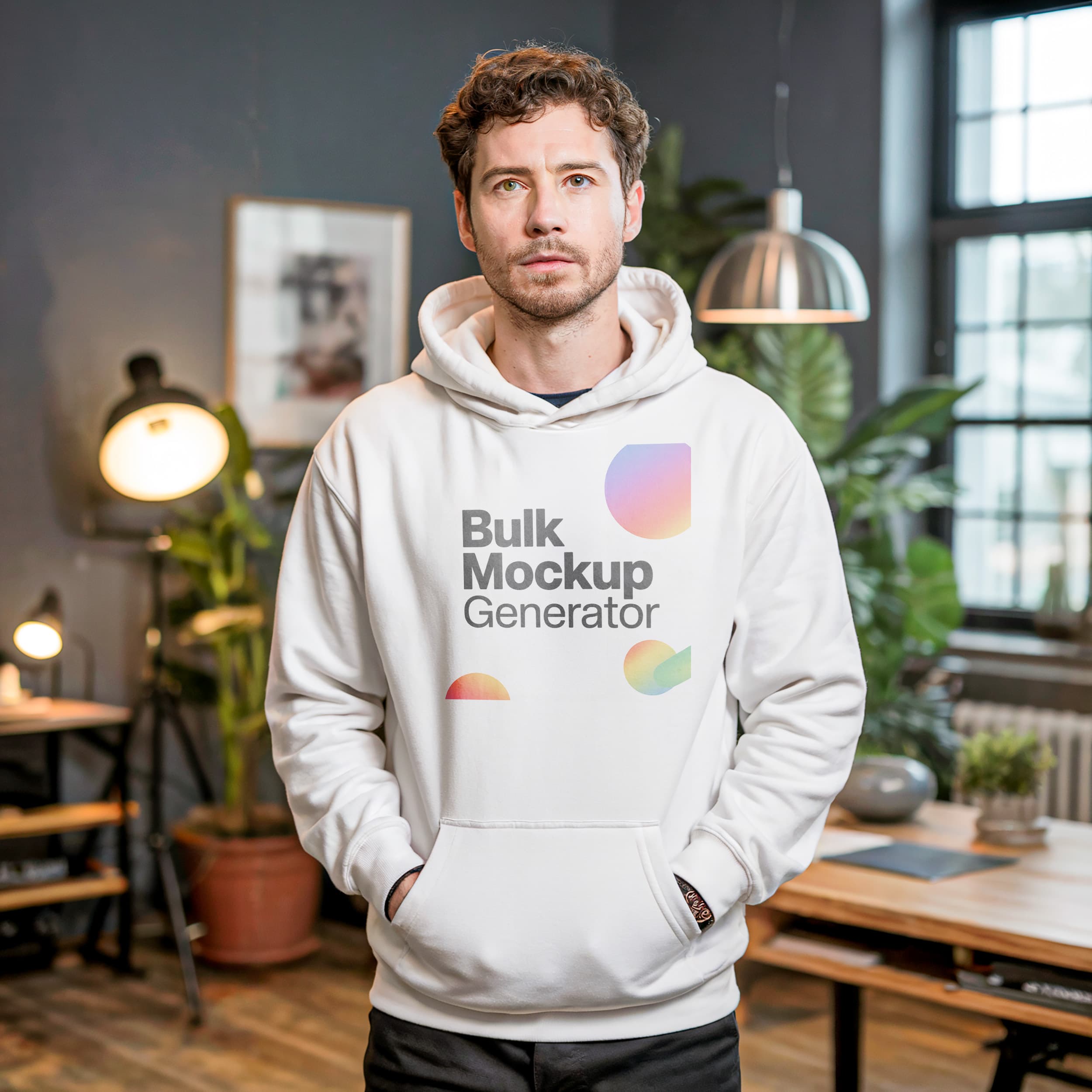 Man in White Hoodie Standing Indoors