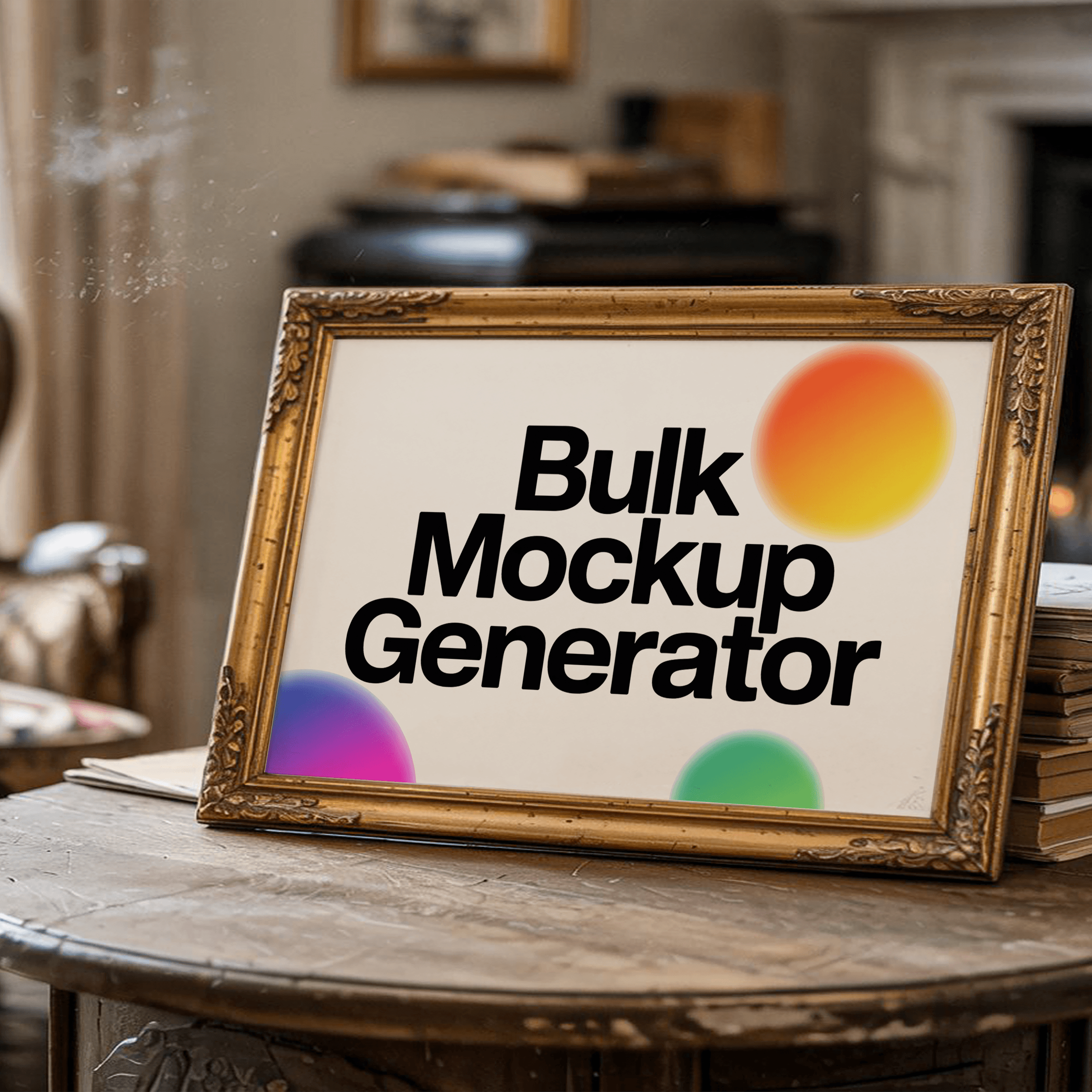 Vintage poster frame on round table poster mockup preview showing a product-focused styled surface