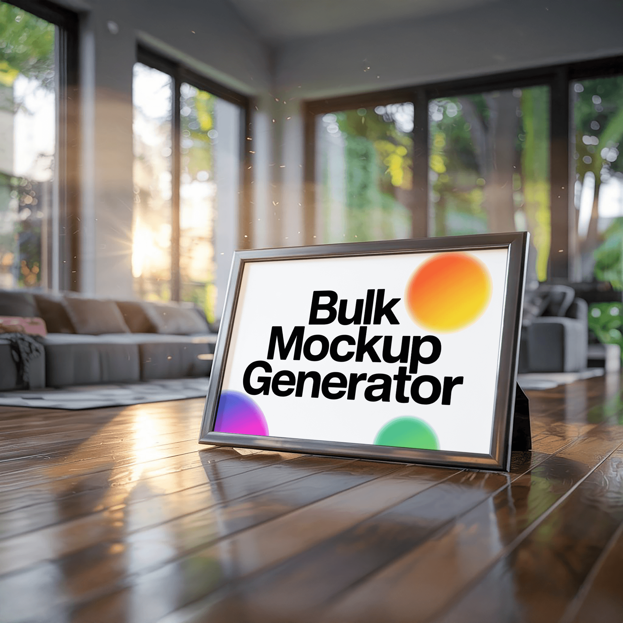Poster frame on reflective floor, modern living room poster mockup preview showing a styled living room