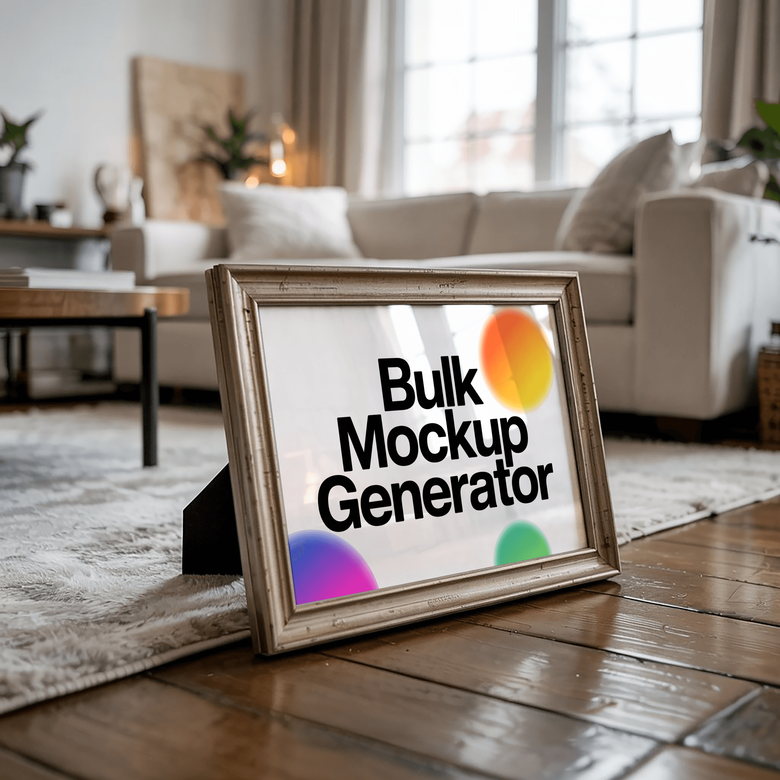 Poster frame on floor against white wall poster mockup preview showing a product-focused styled surface