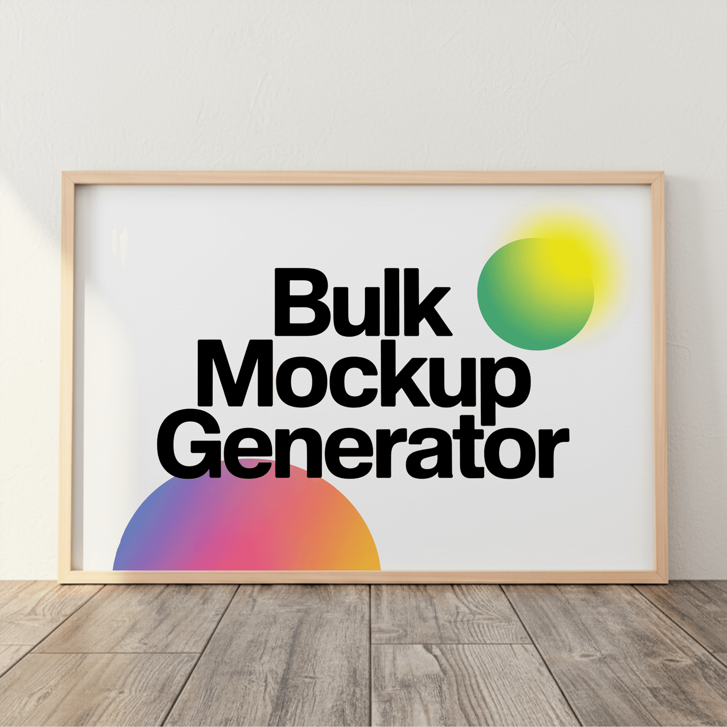 Poster frame on wooden floor, white wall poster mockup preview showing a product-focused styled surface