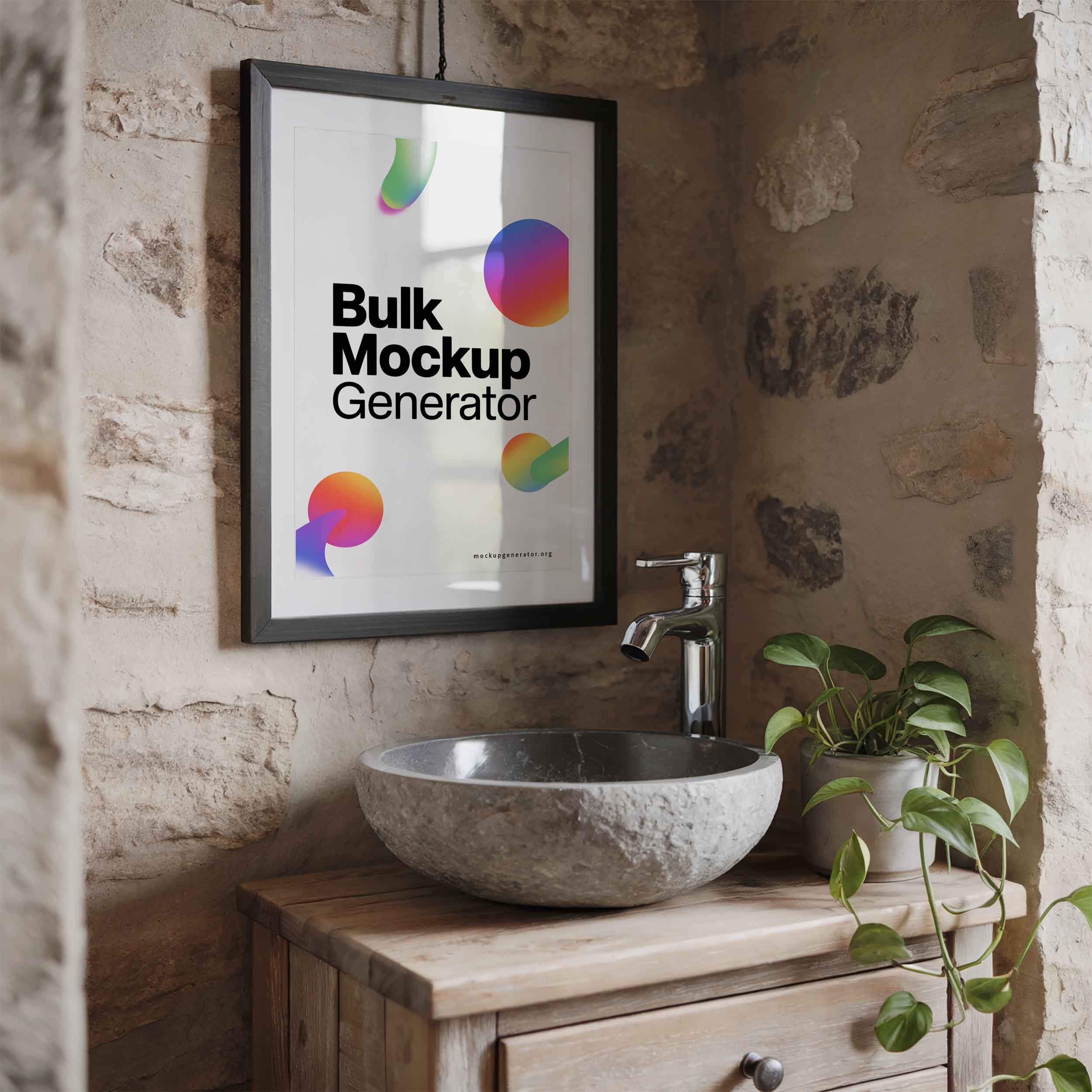 Framed poster in bathroom near the sink