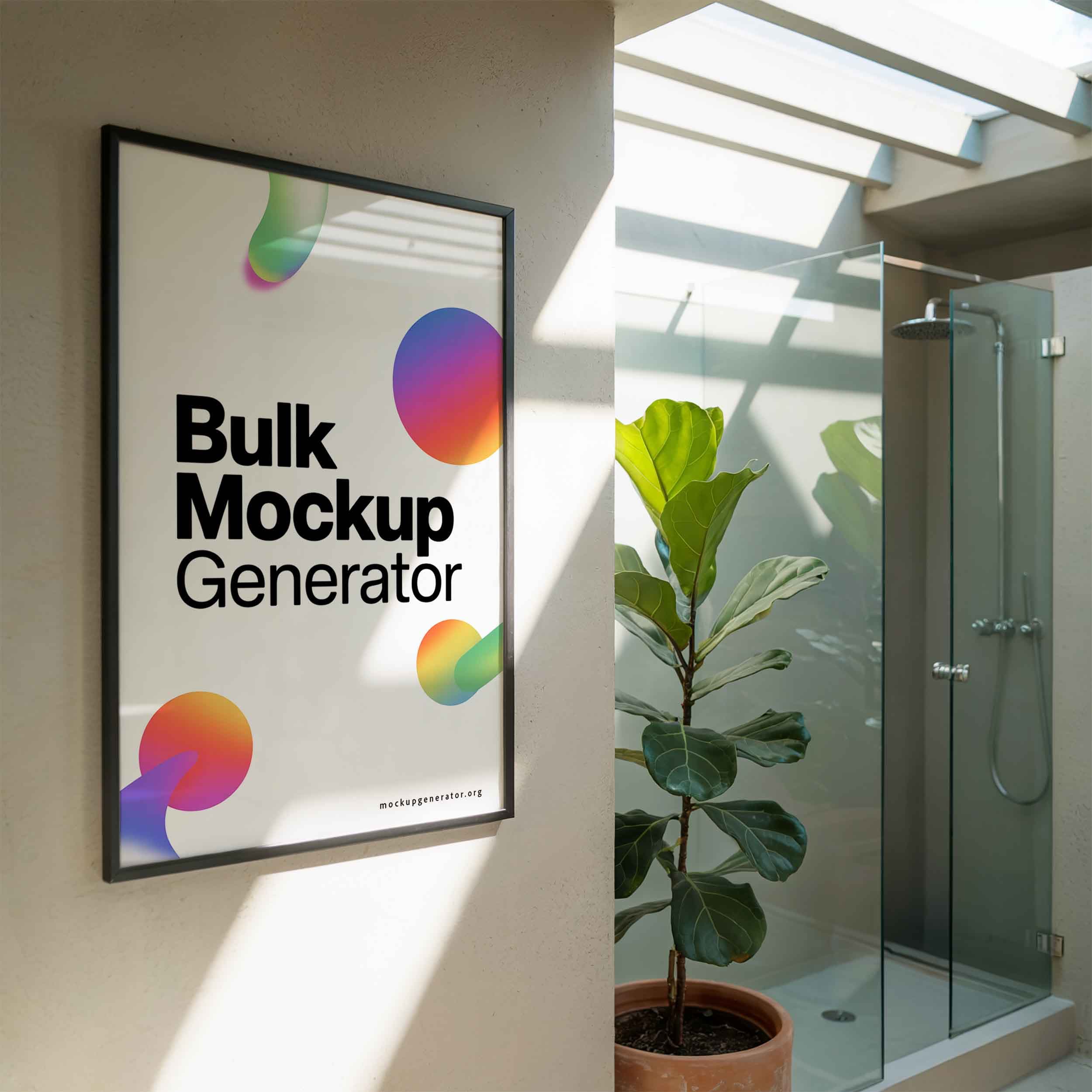 Framed poster in bathroom with shower and large plant