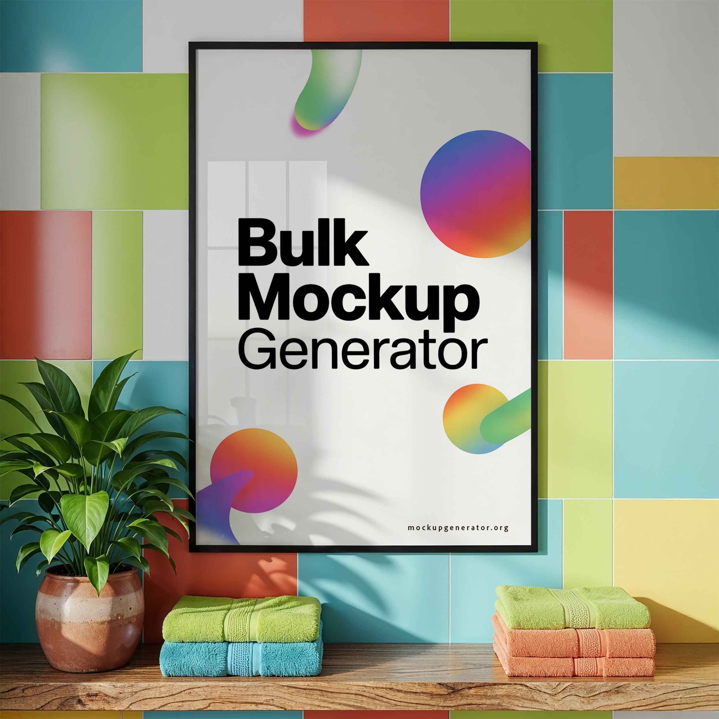 Bathroom poster template with greens and towels