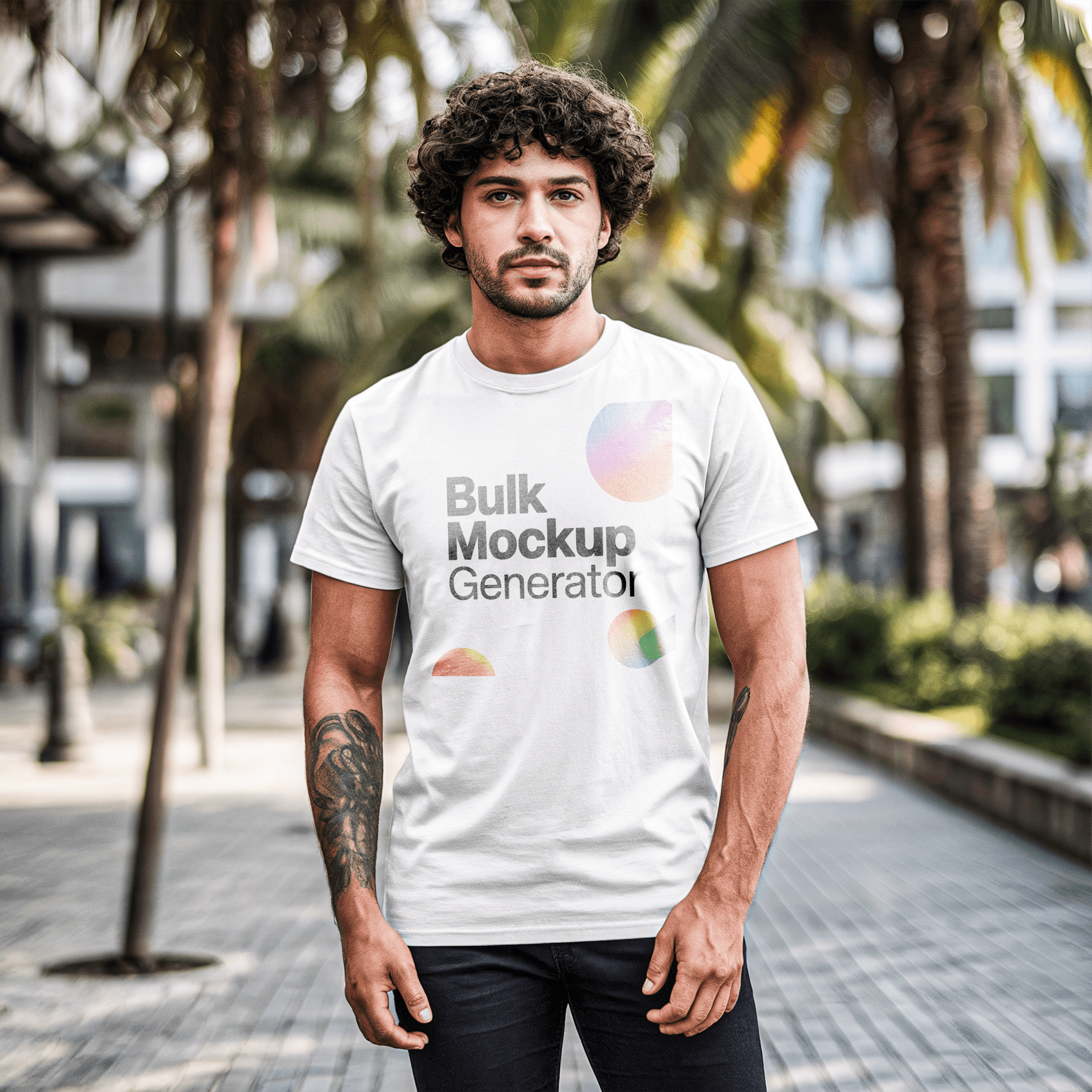 White men's t-shirt with tropical background