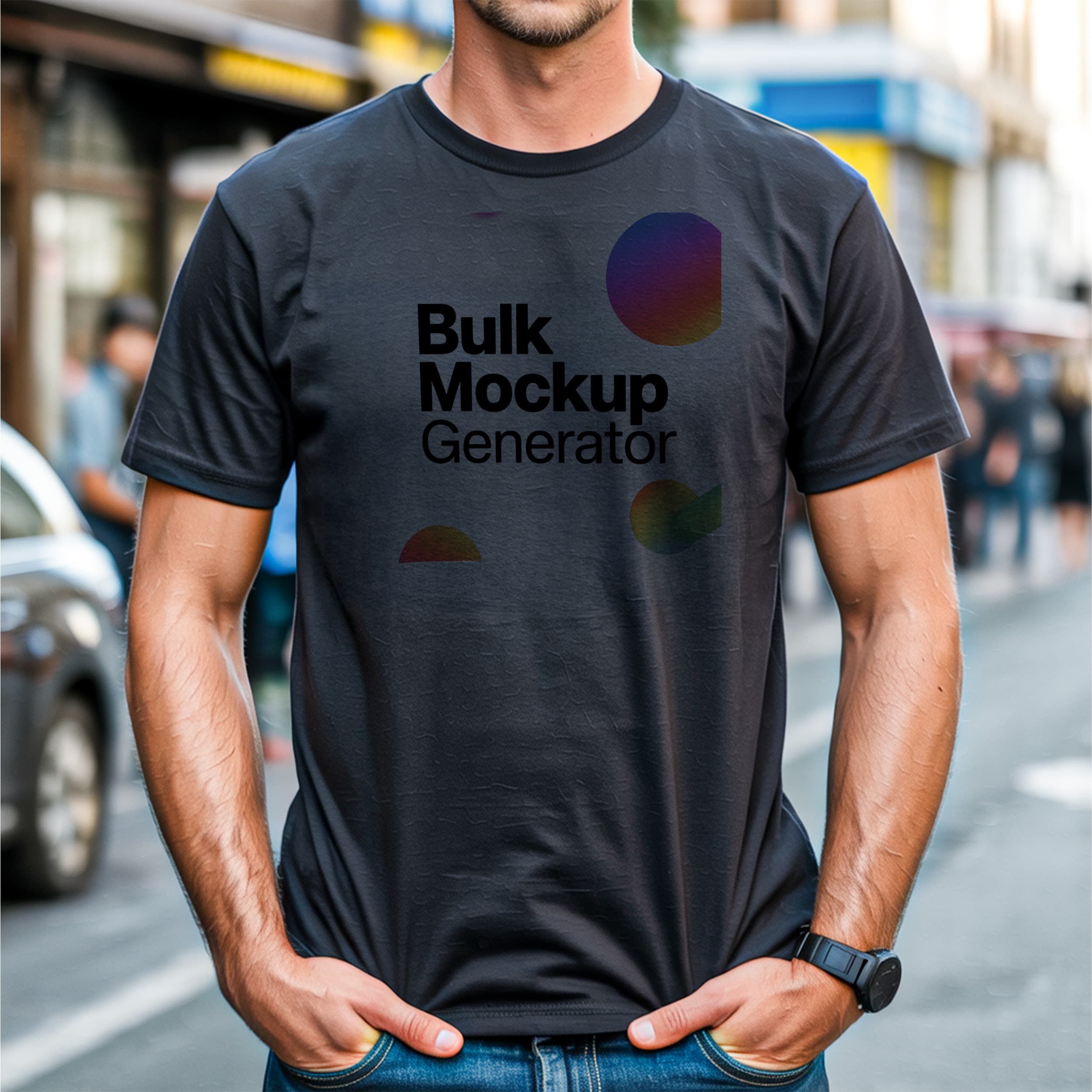 Man in Black T-Shirt on Busy Street