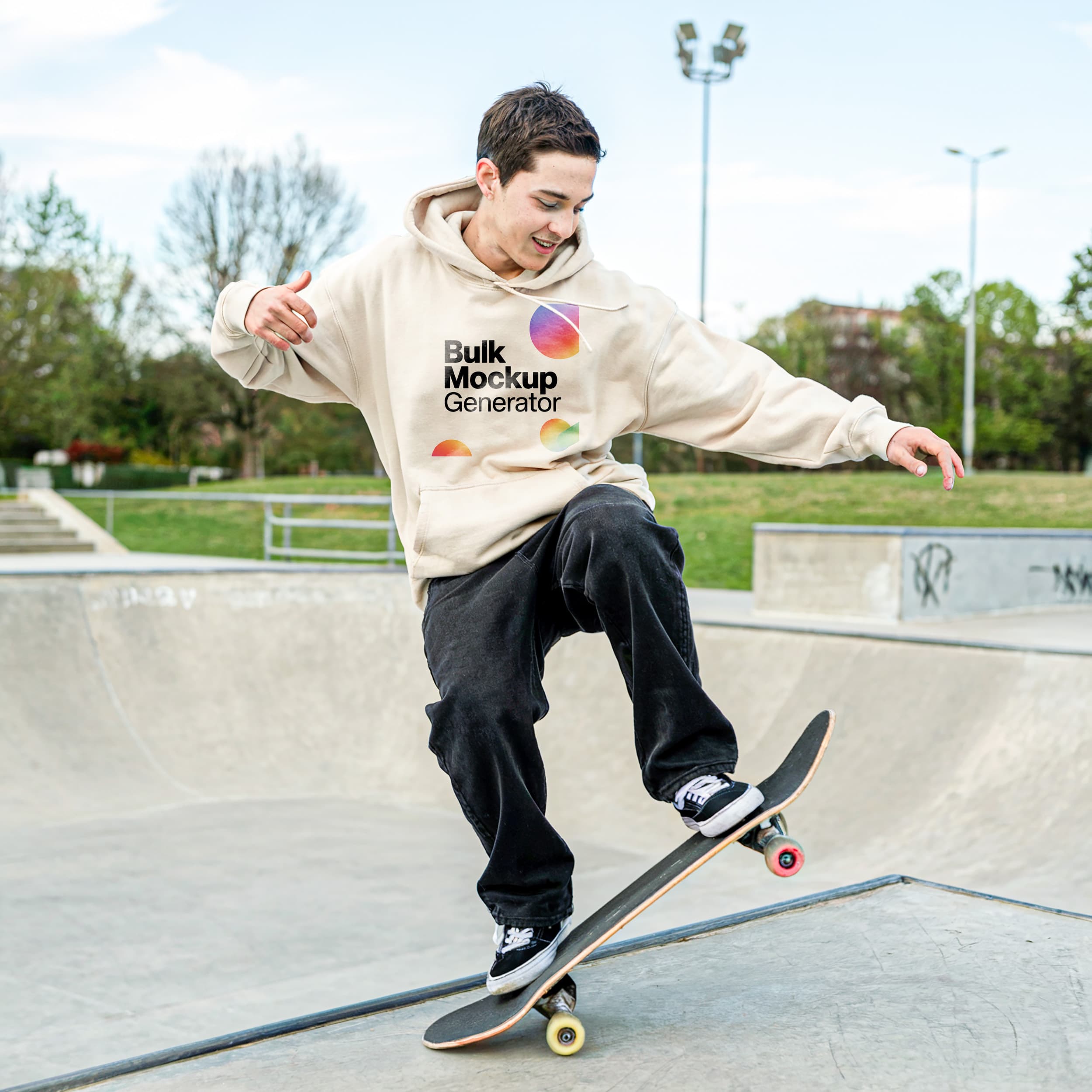 Young Man Skateboarding in Beige Hoodie
