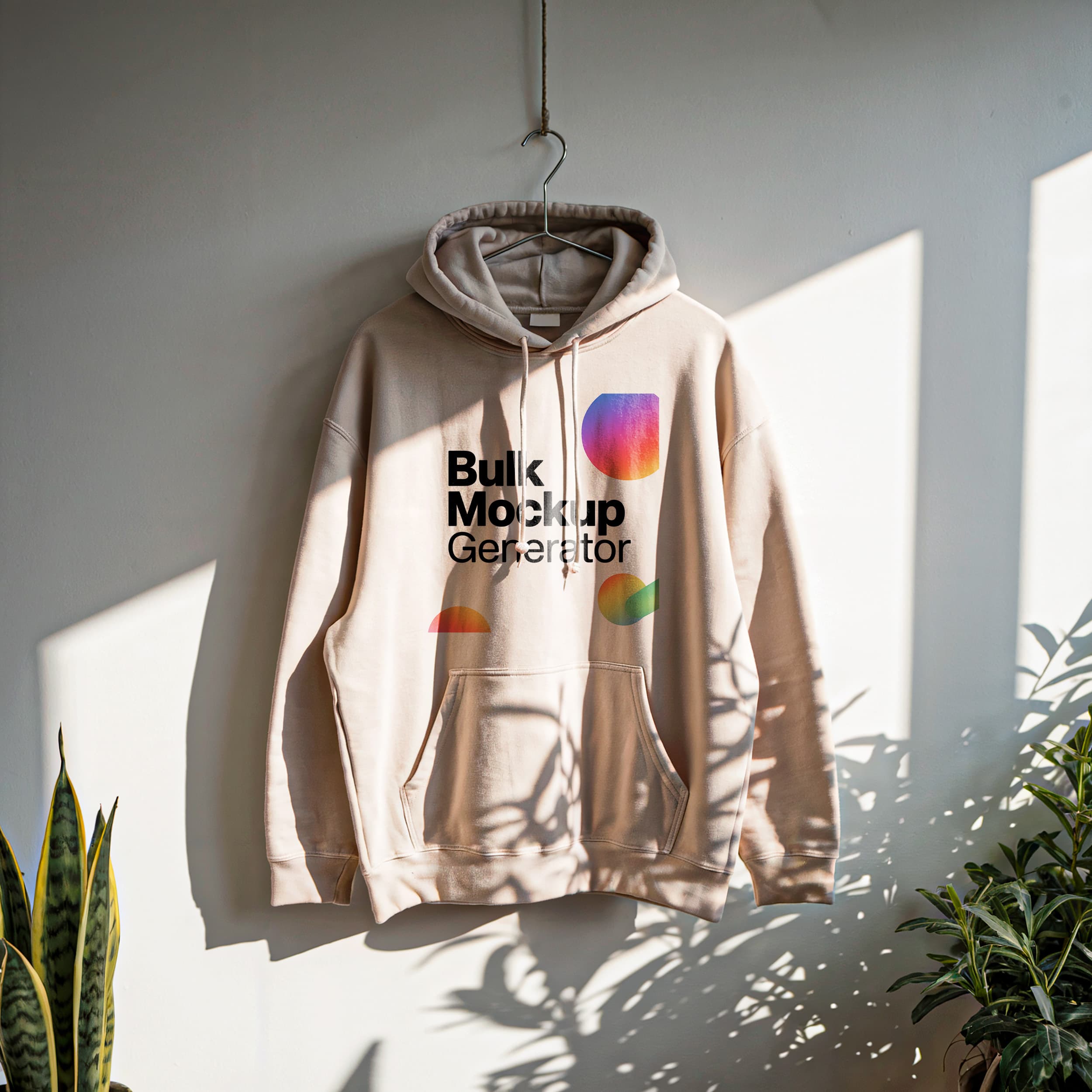 Beige Hoodie Hanging on Wall with Plants and Sunlight
