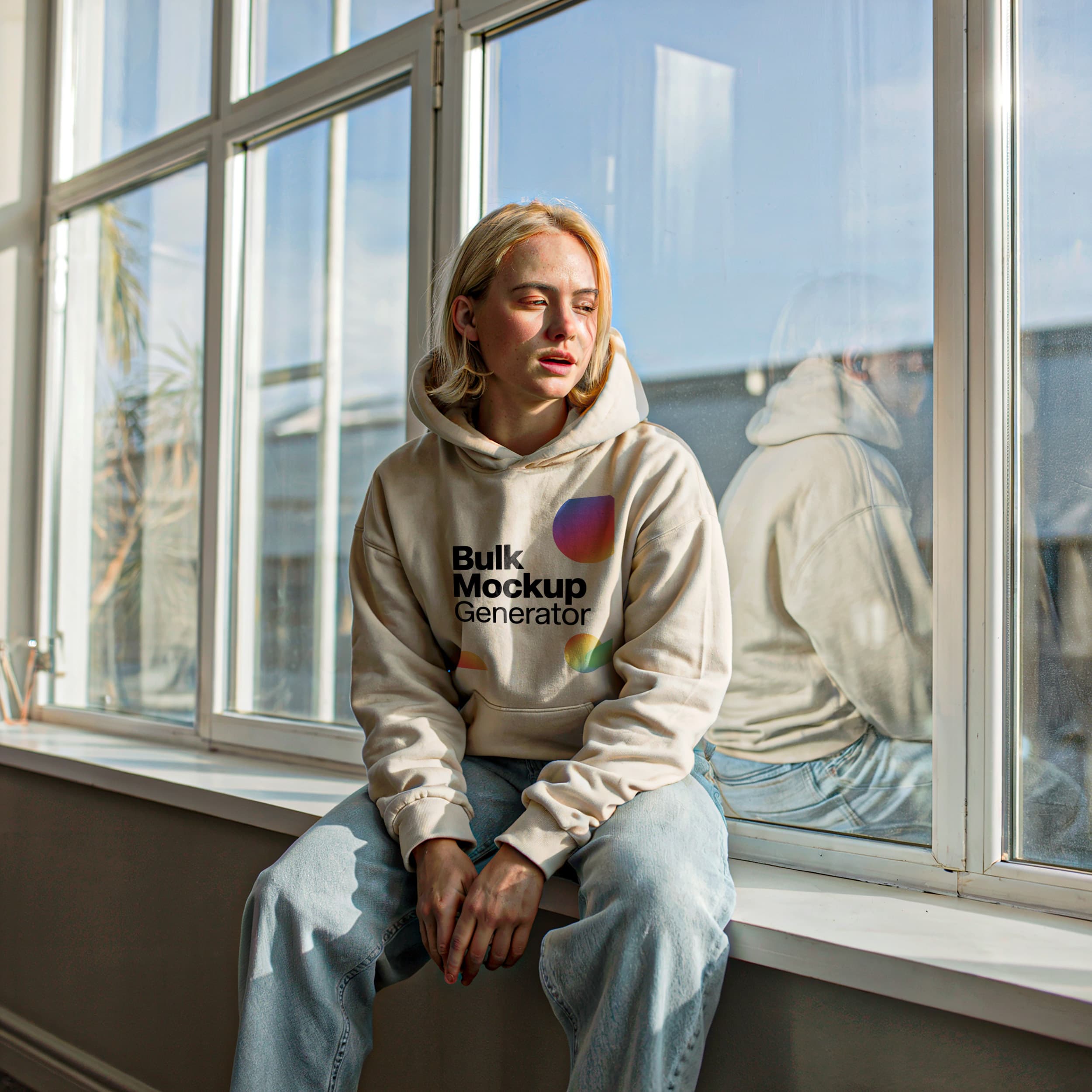 Woman Sitting by Window Wearing Beige Hoodie