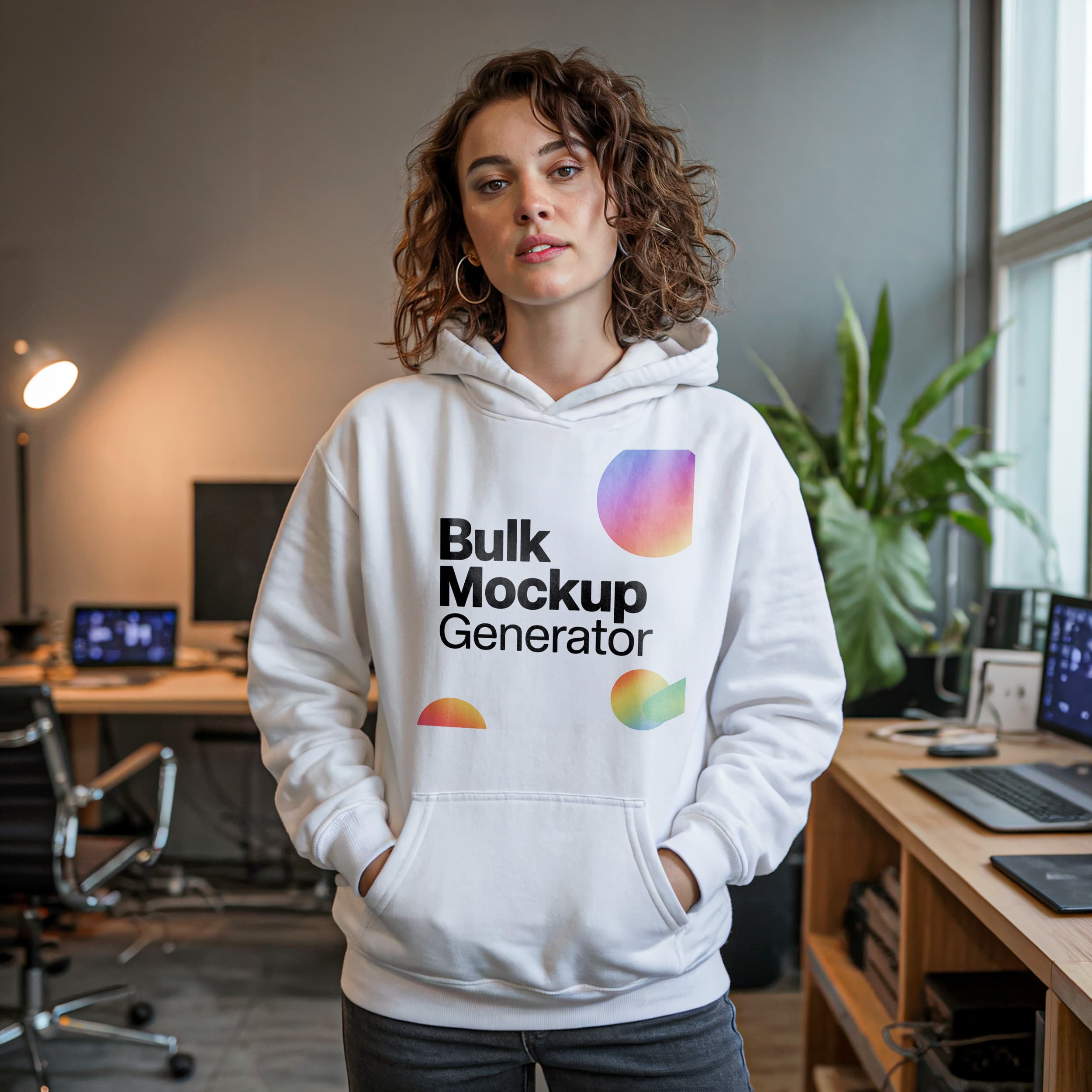 Woman in white hoodie posing confidently