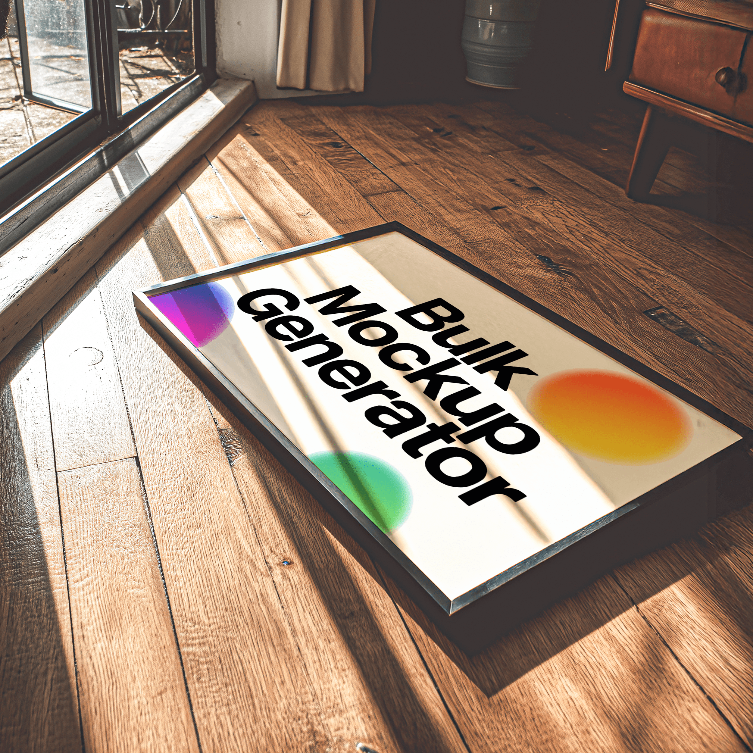 Poster frame on wooden floor by window