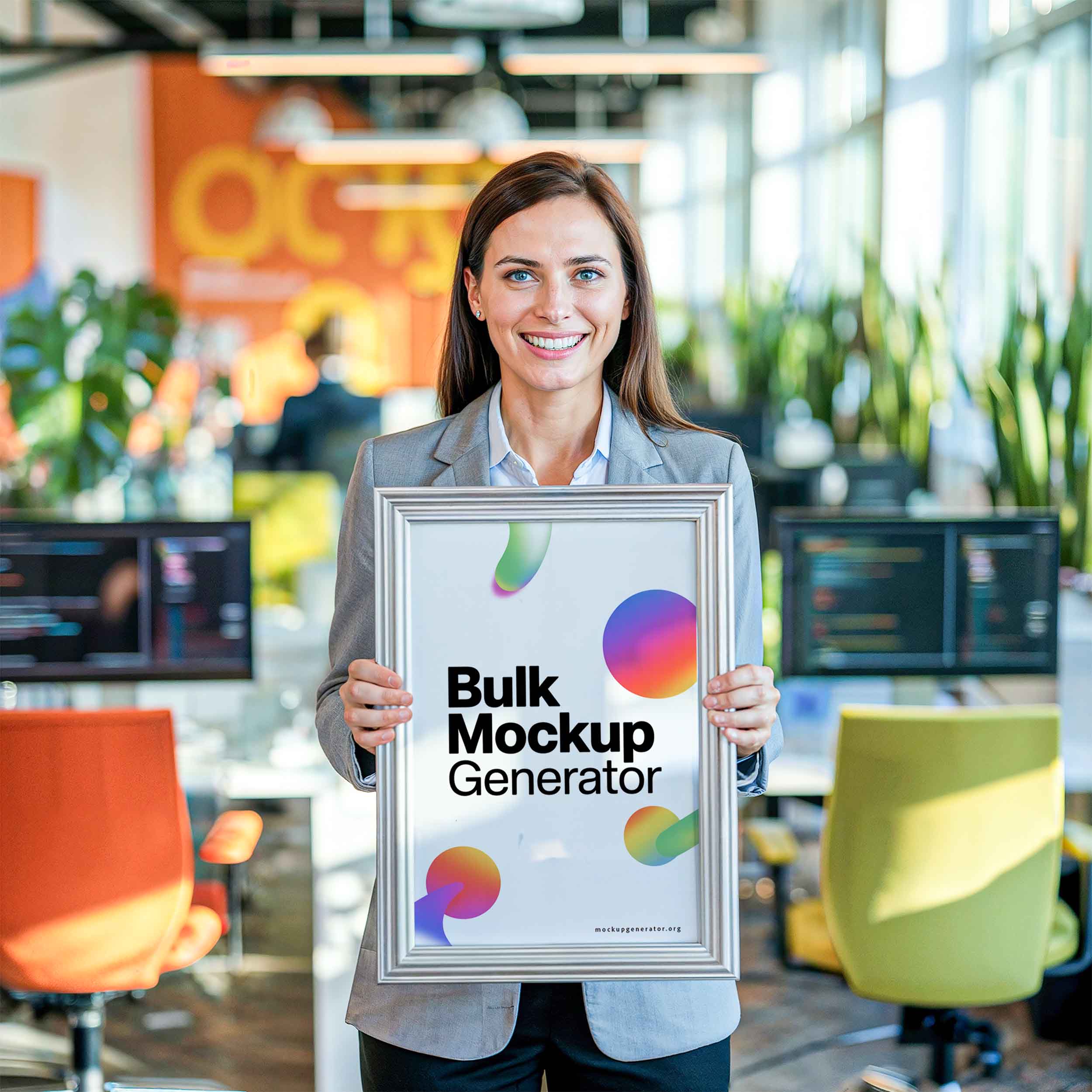 Woman holds a poster frame in a office space poster mockup preview showing an office interior