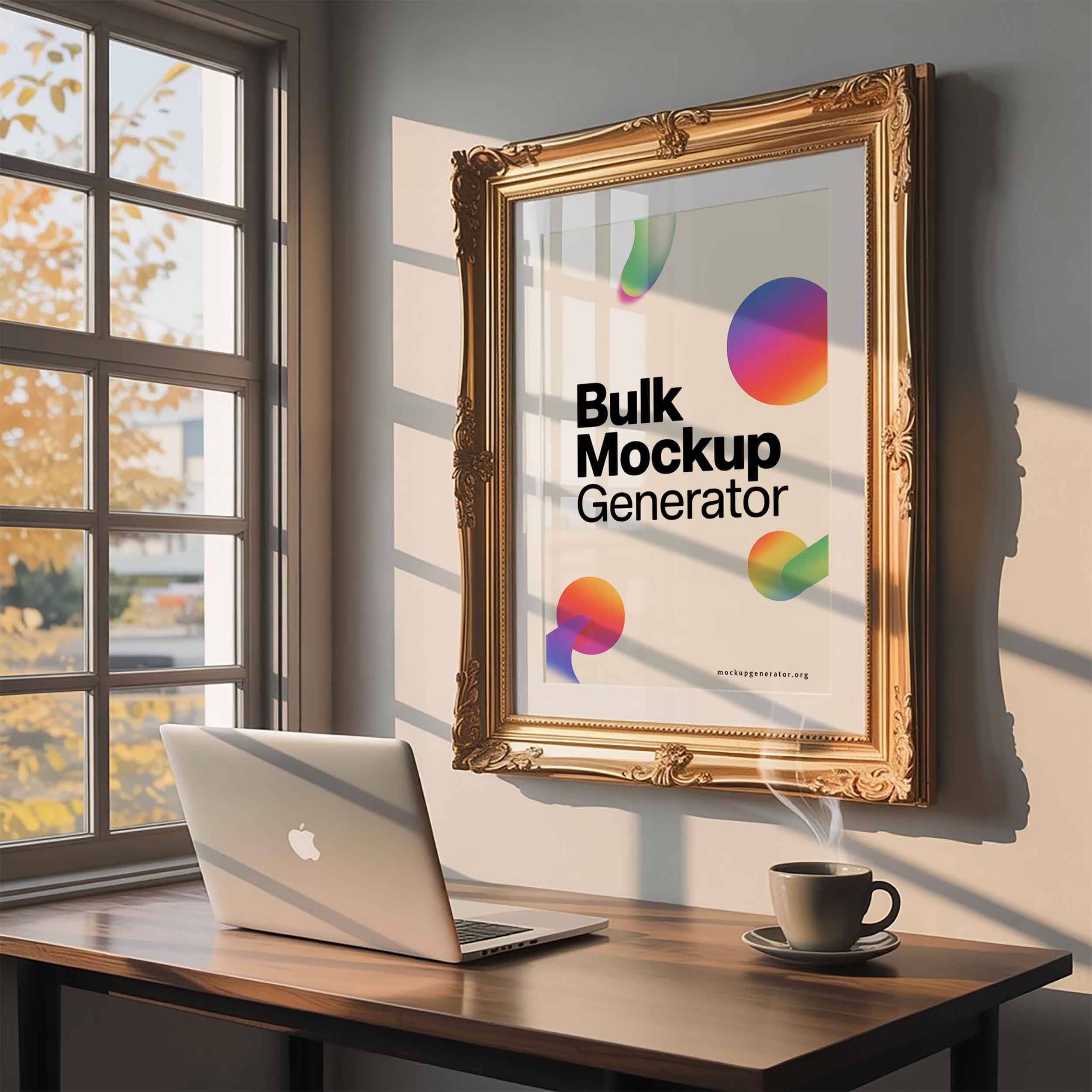 Elegant framed poster in office poster mockup preview showing an office interior