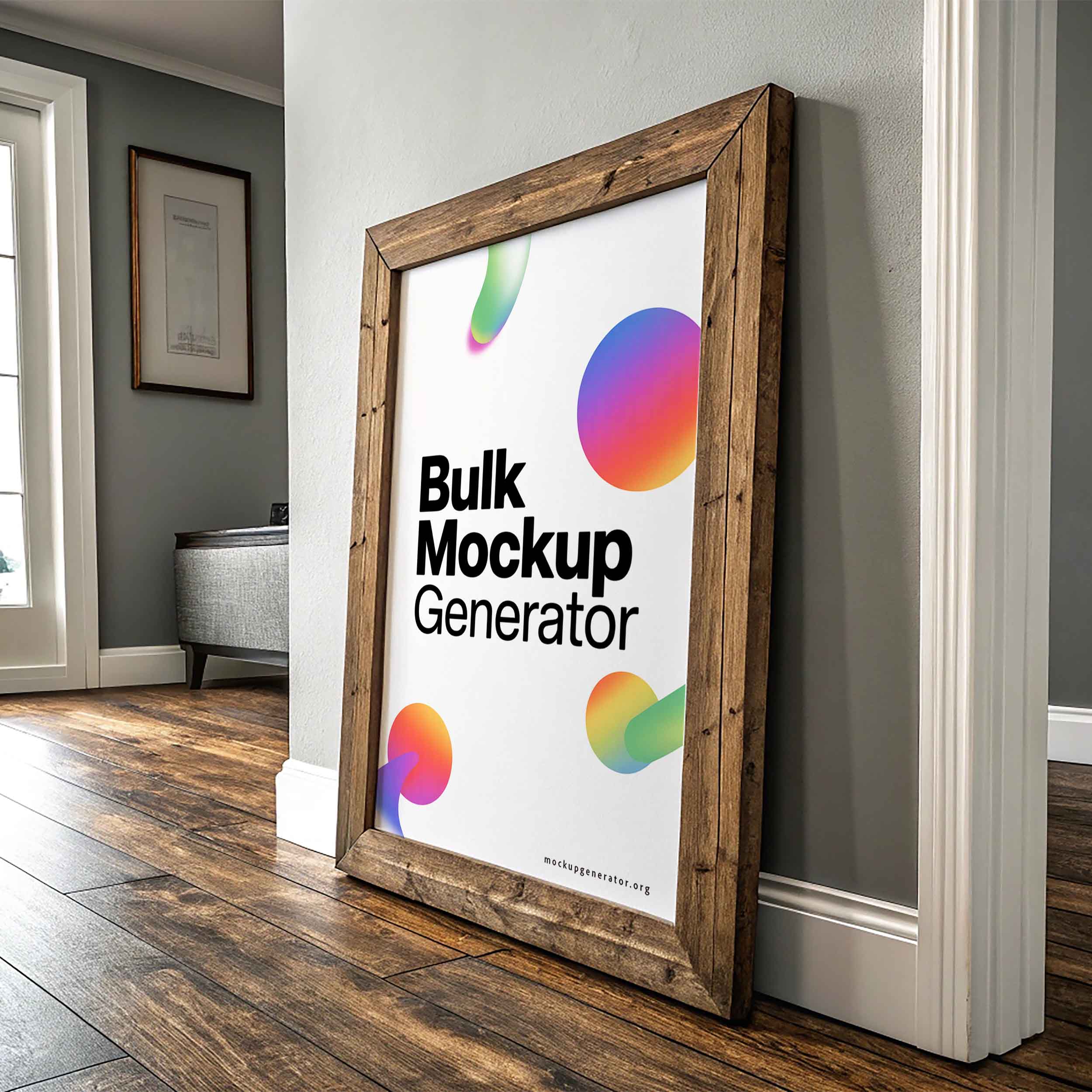 Large wooden frame poster poster mockup preview showing a styled living room