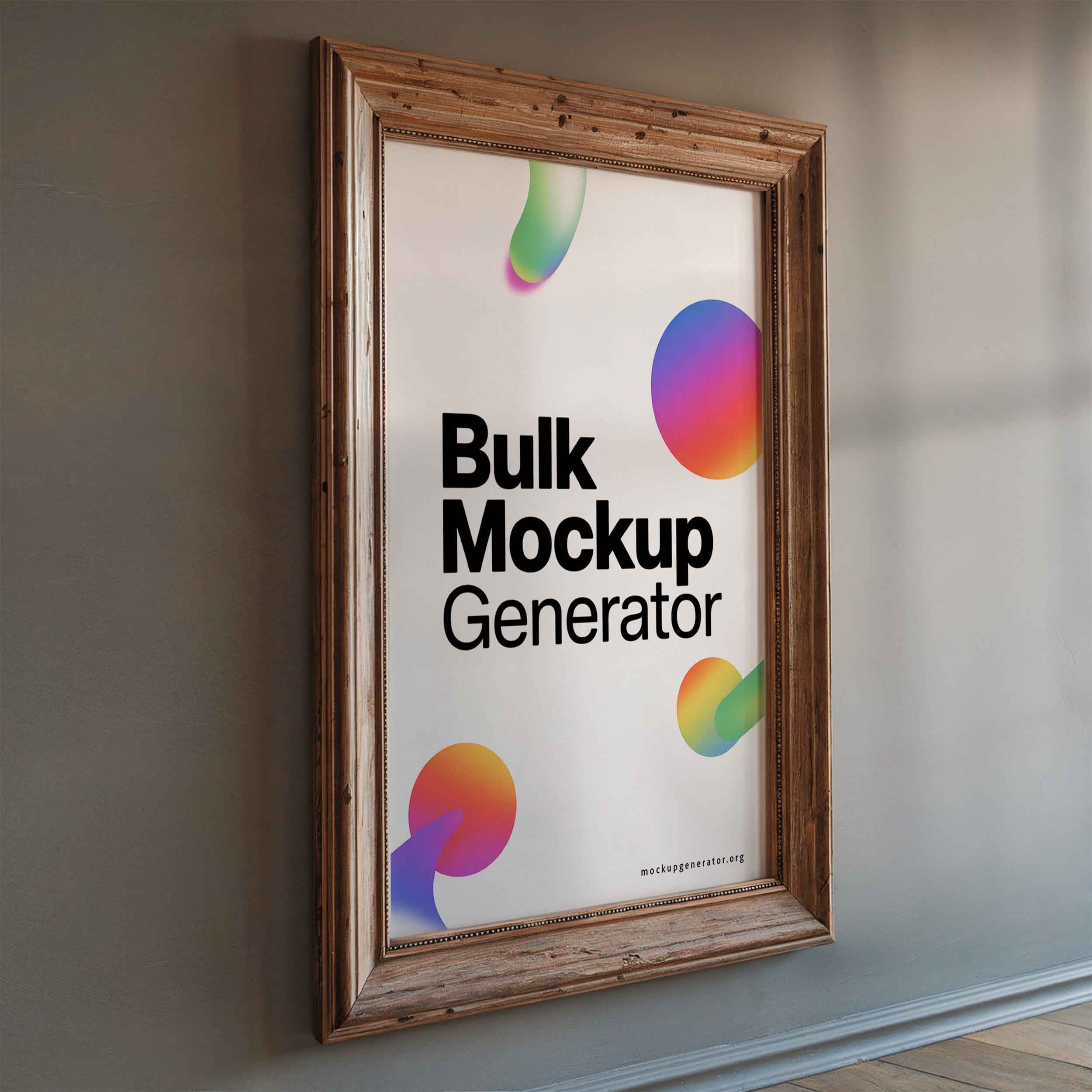 Large wooden poster frame poster mockup preview showing a styled living room