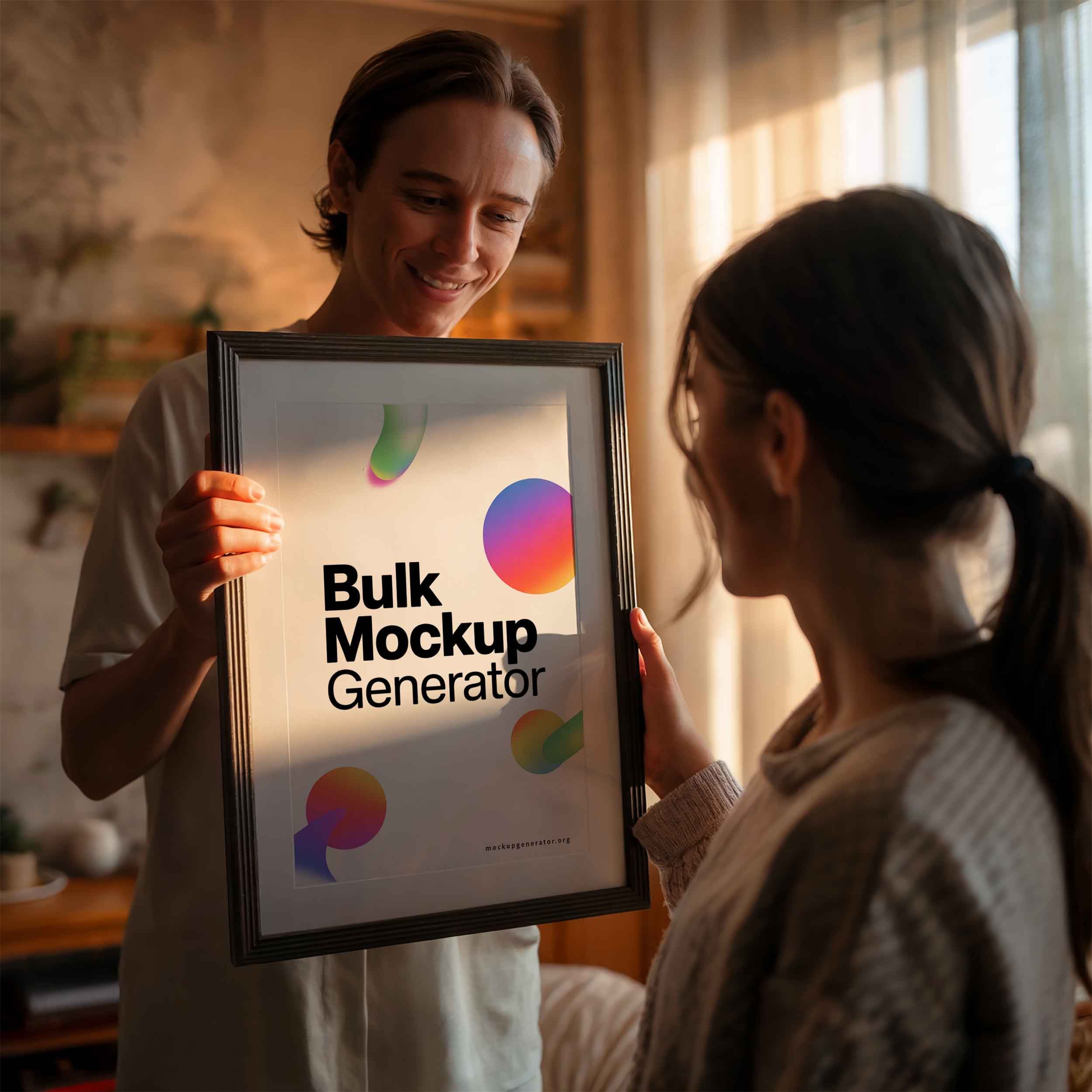 Classic framed poster in hands of a person poster mockup preview showing a styled interior